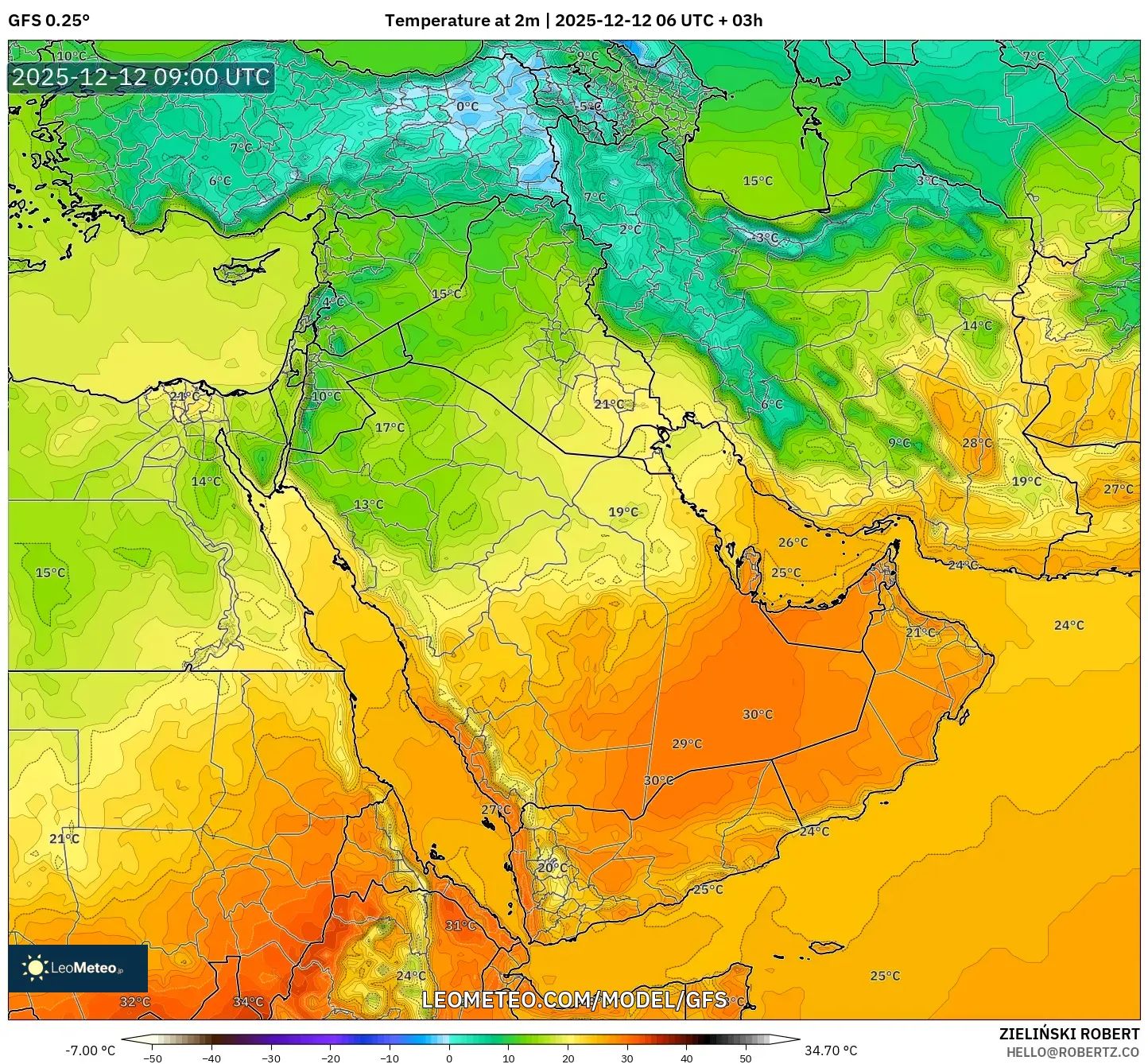 GFS model - Timur Tengah, Suhu pada 2 m
