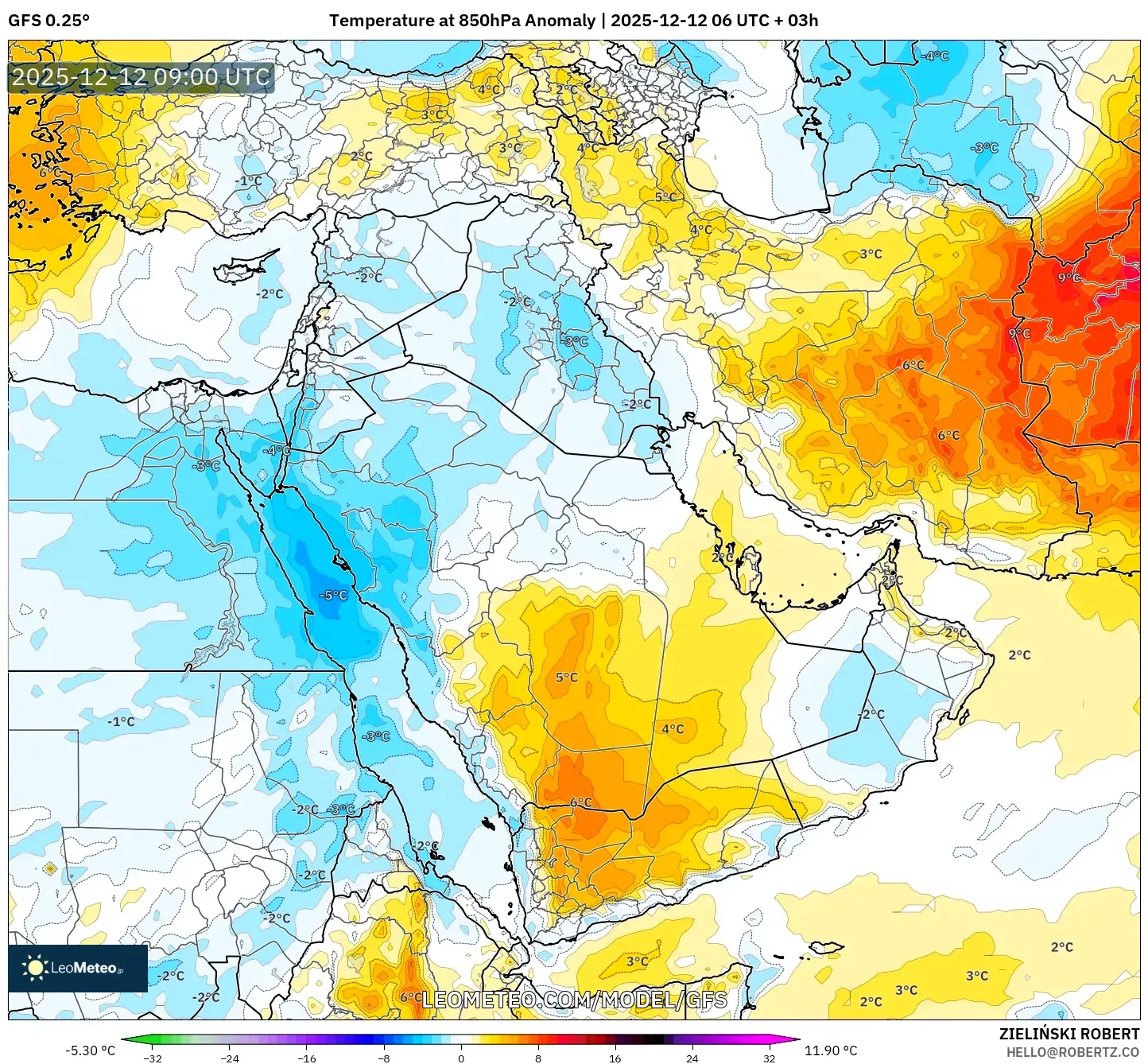 GFS model - Timur Tengah, Anomali Suhu 850 hPa