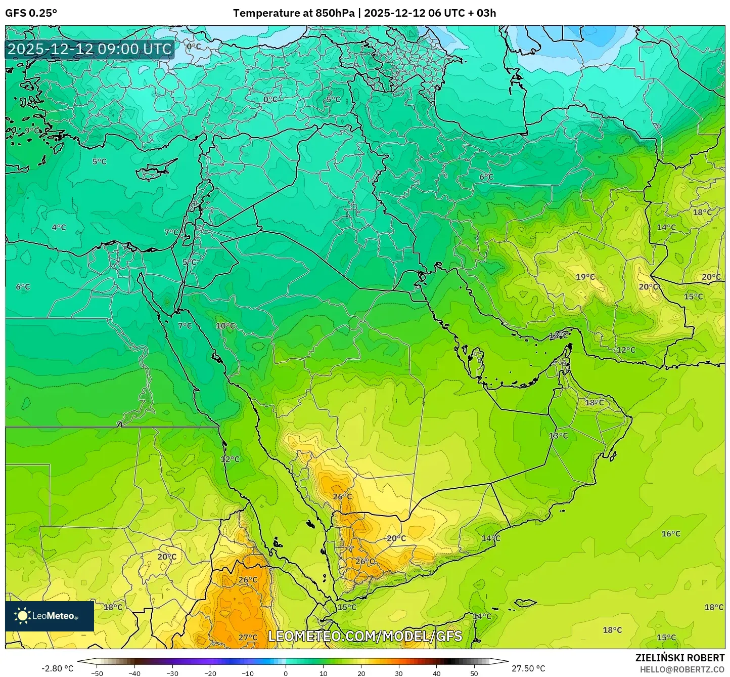 GFS model - Timur Tengah, Suhu 850 hPa