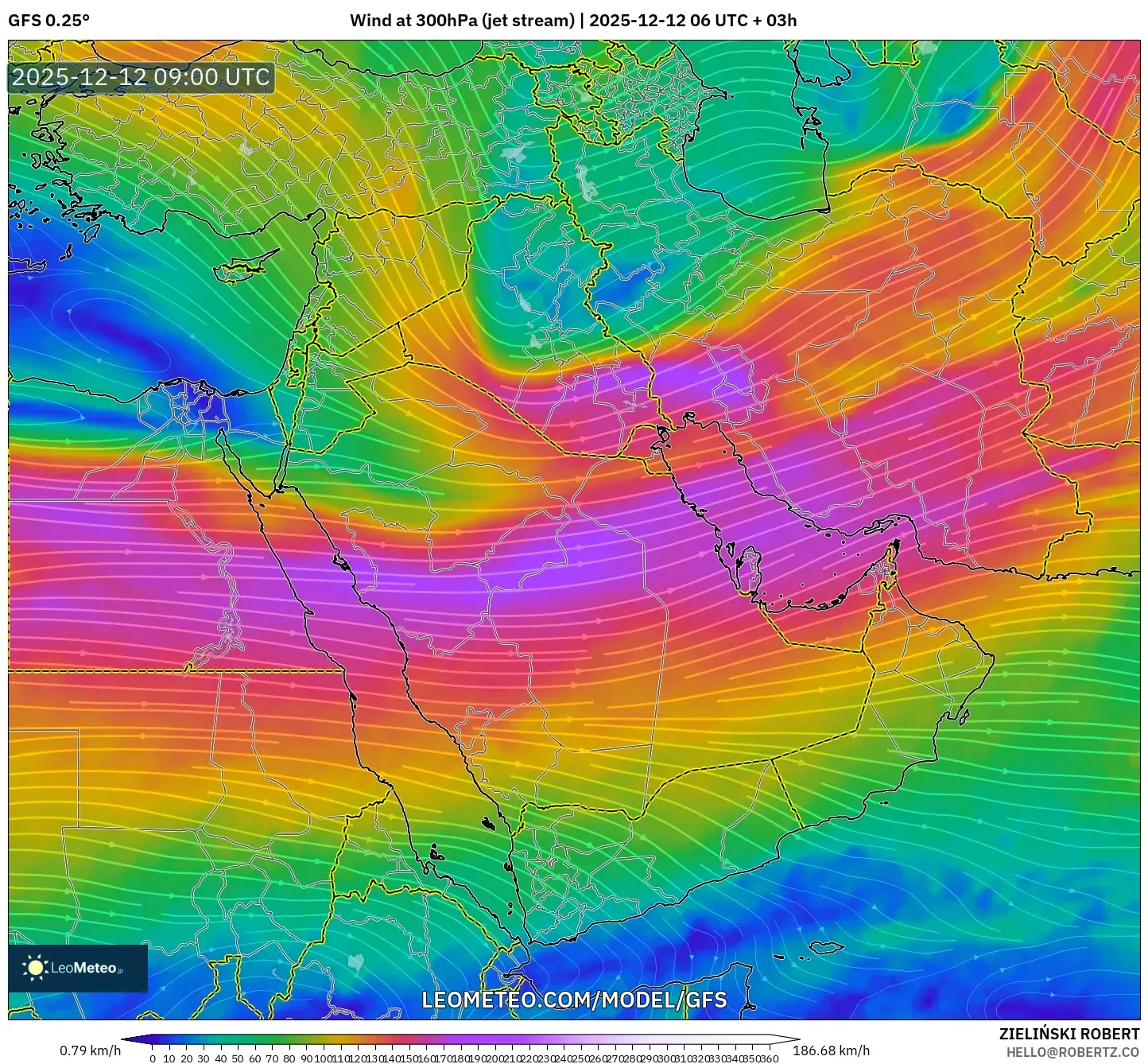 GFS model - Timur Tengah, Angin 300 hPa (aliran jet)