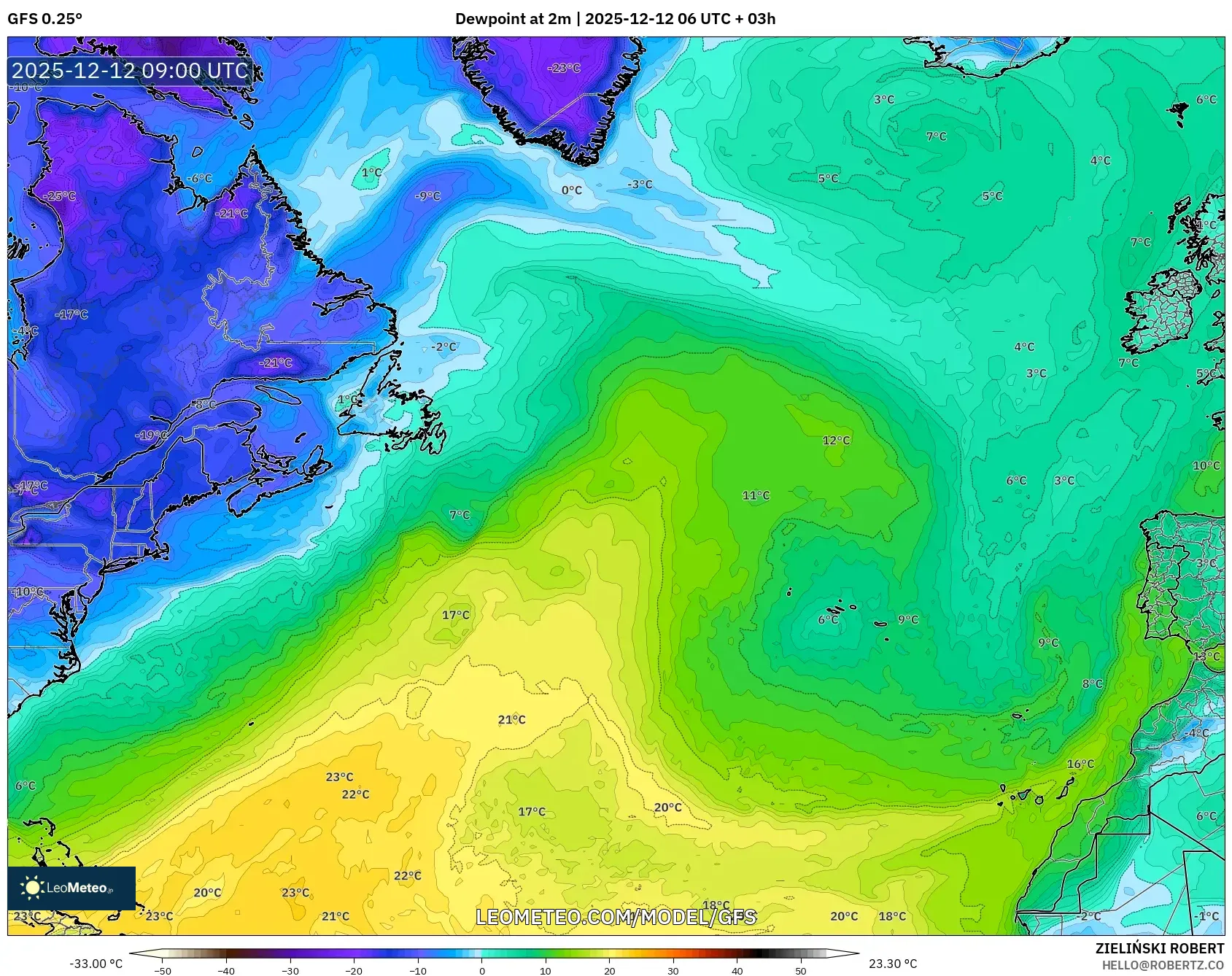 GFS model - Atlantik Utara, Takat Embun 2 m
