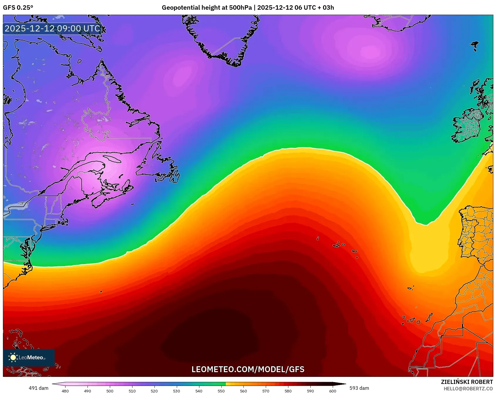 GFS model - Atlantik Utara, Ketinggian geopotensial pada 500 hPa