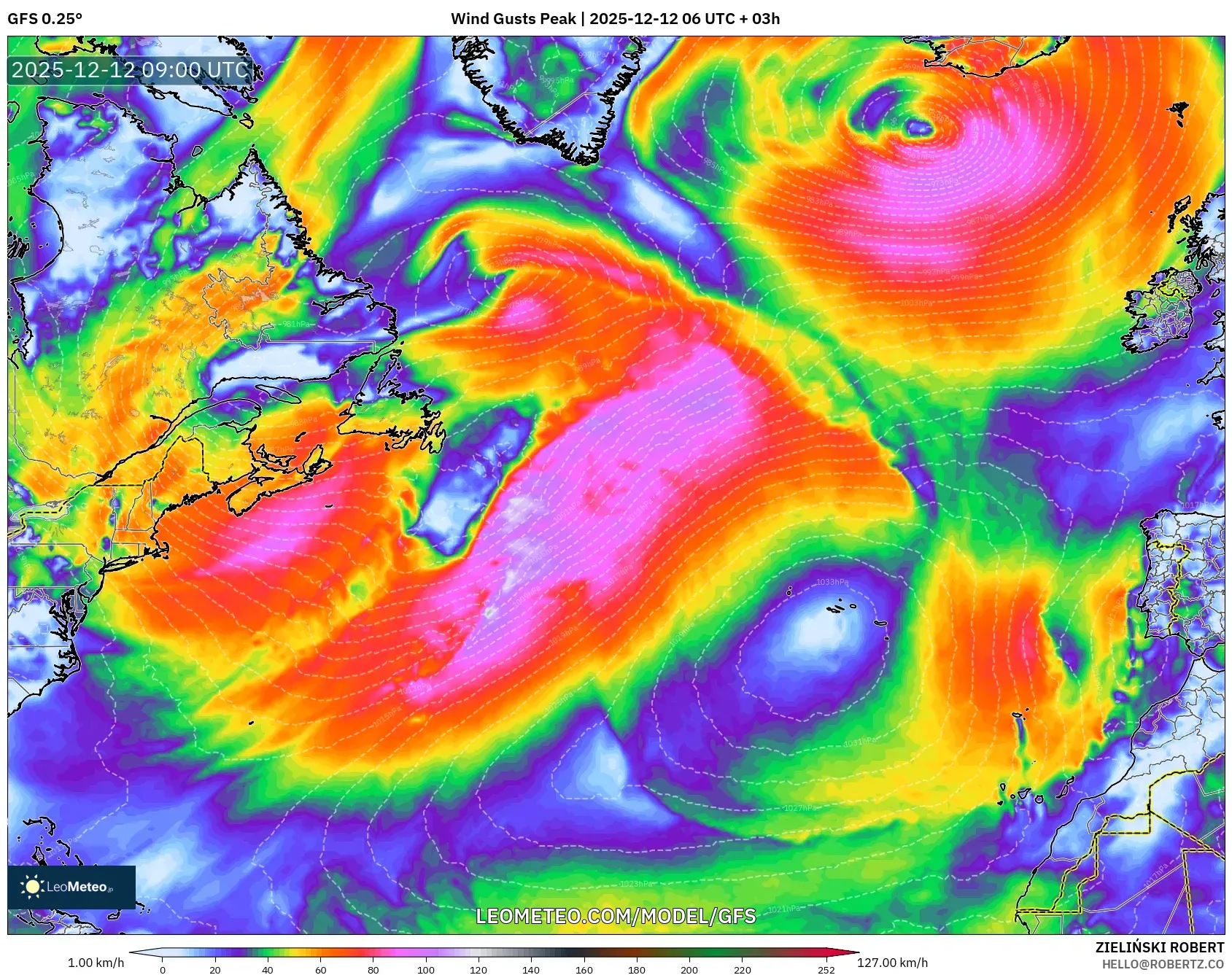 GFS model - Atlantik Utara, Hembusan Tertinggi
