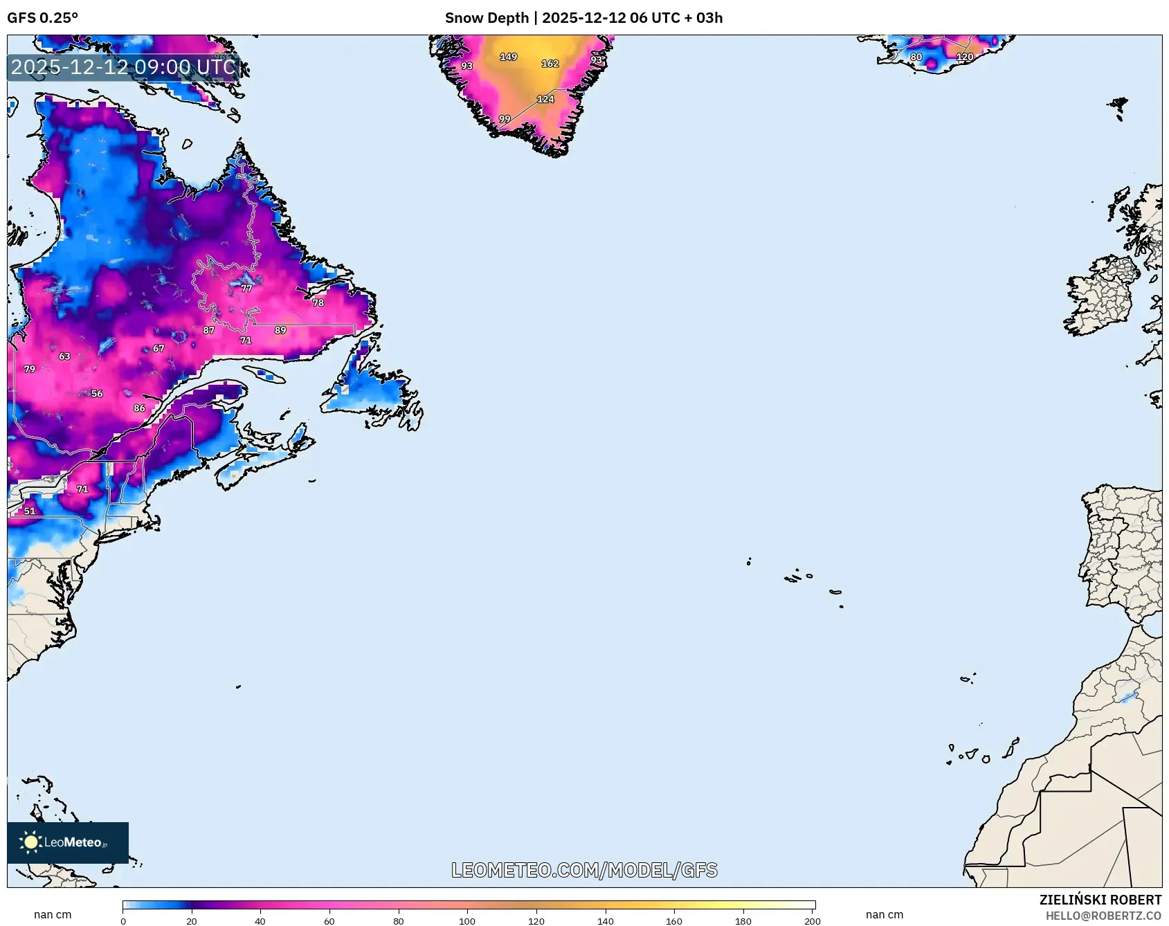 GFS model - Atlantik Utara, Ketebalan Salji