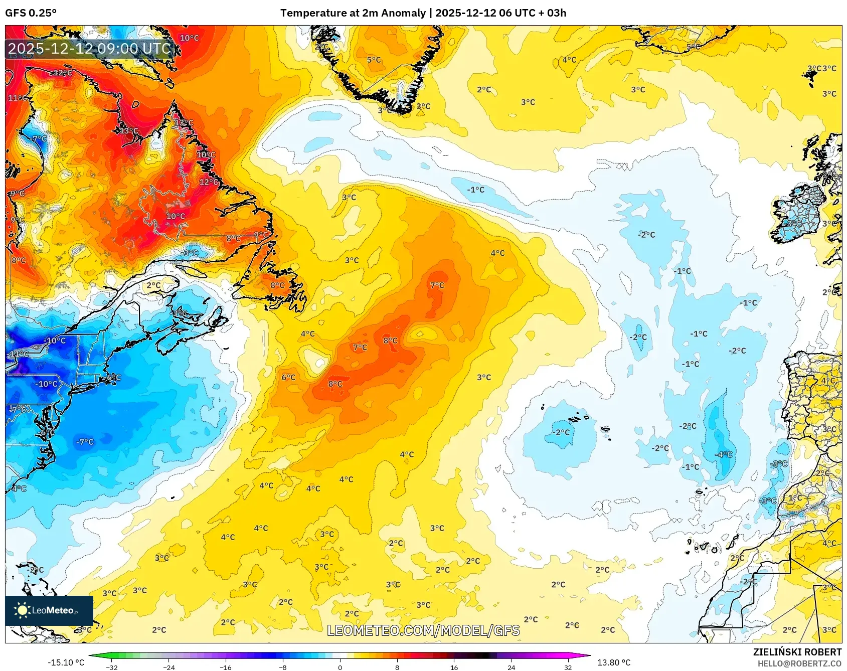 GFS model - Atlantik Utara, Anomali Suhu 2 m