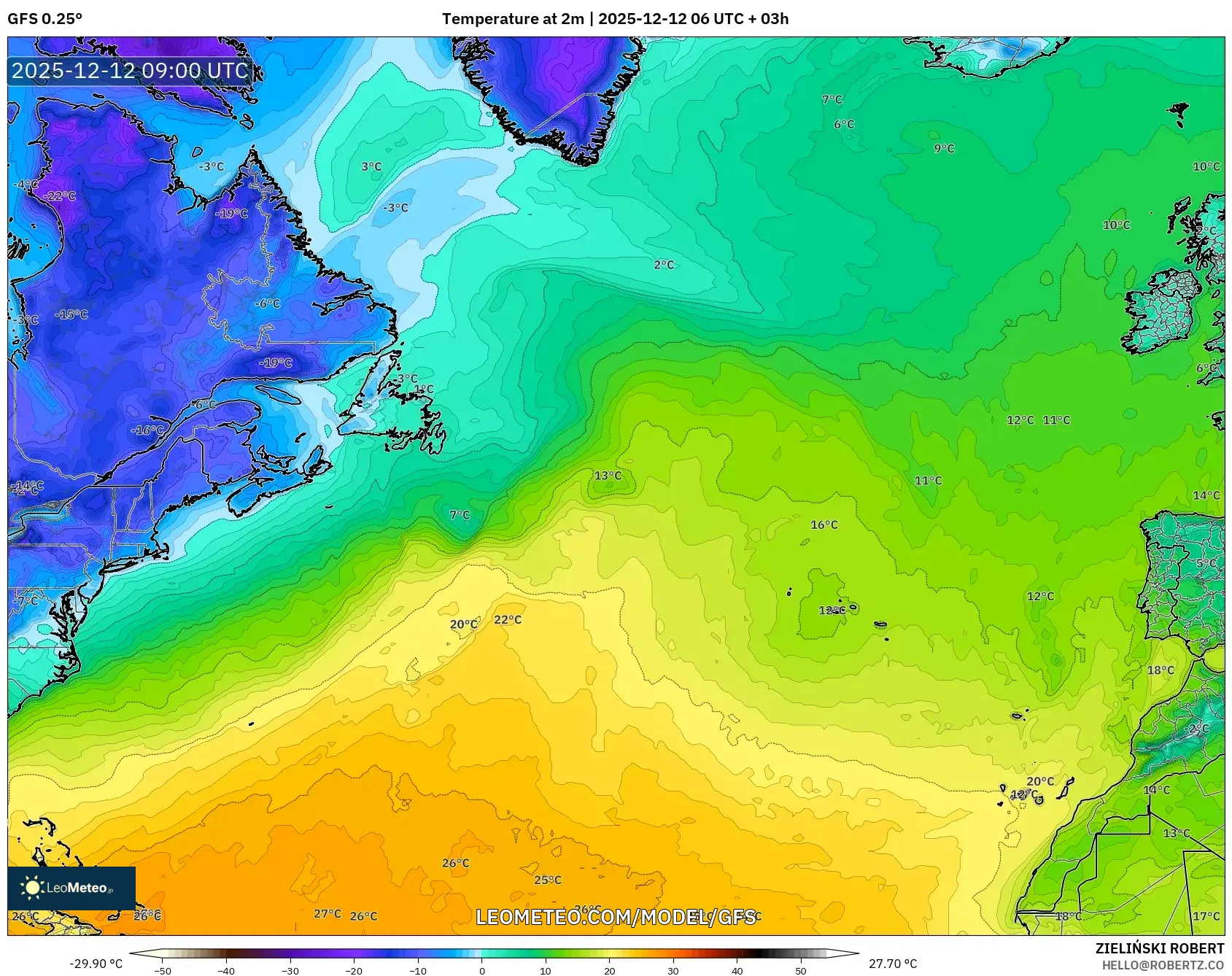 GFS model - Atlantik Utara, Suhu pada 2 m