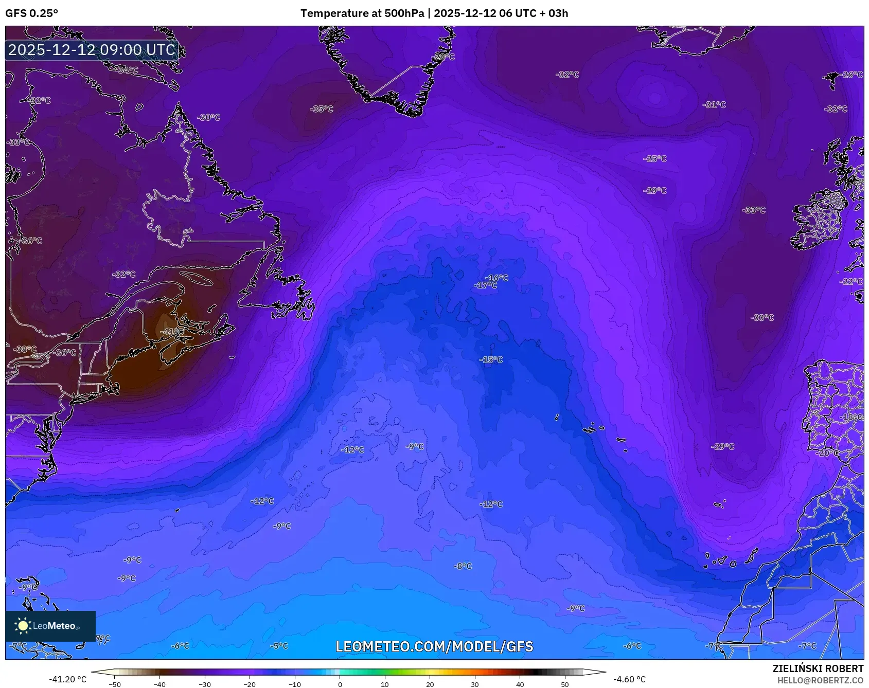 GFS model - Atlantik Utara, Suhu 500 hPa