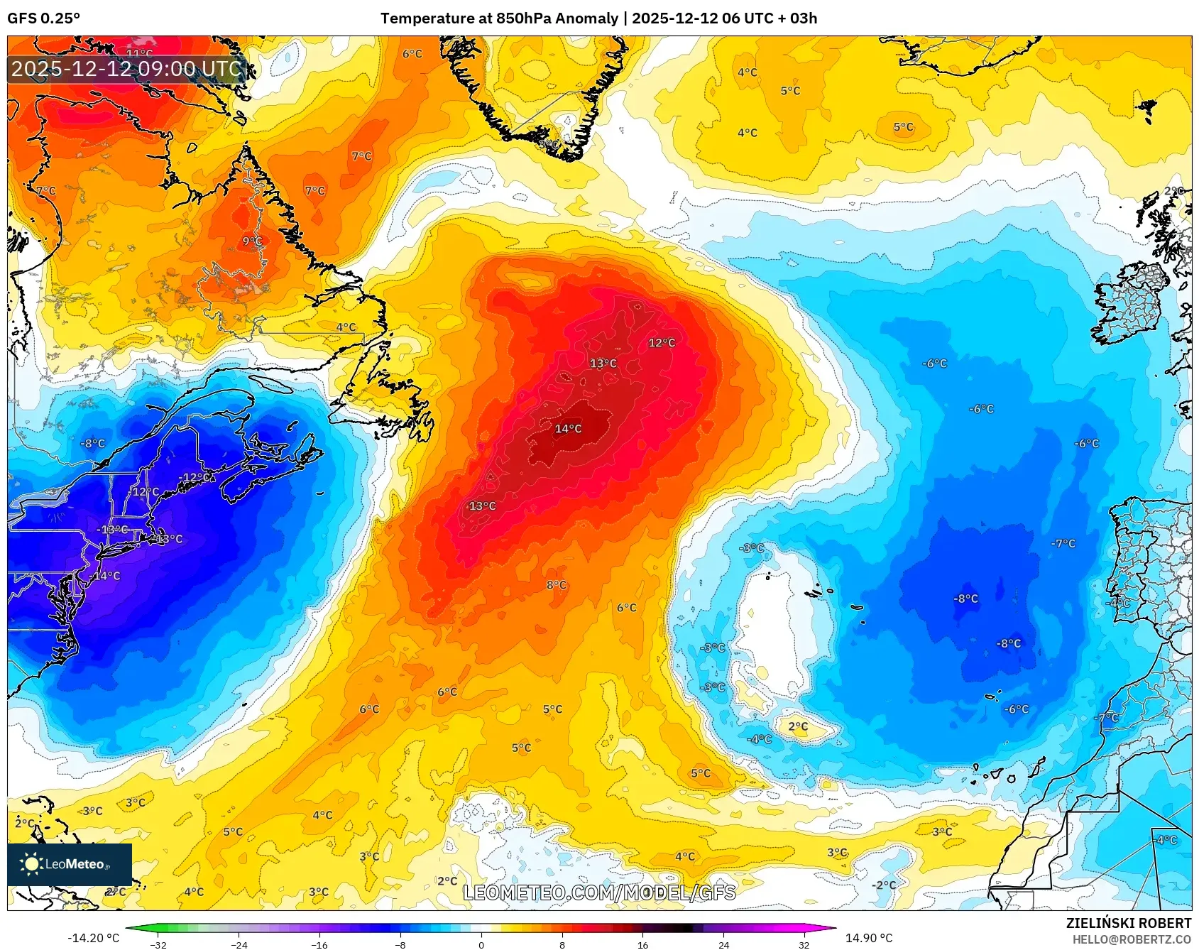 GFS model - Atlantik Utara, Anomali Suhu 850 hPa