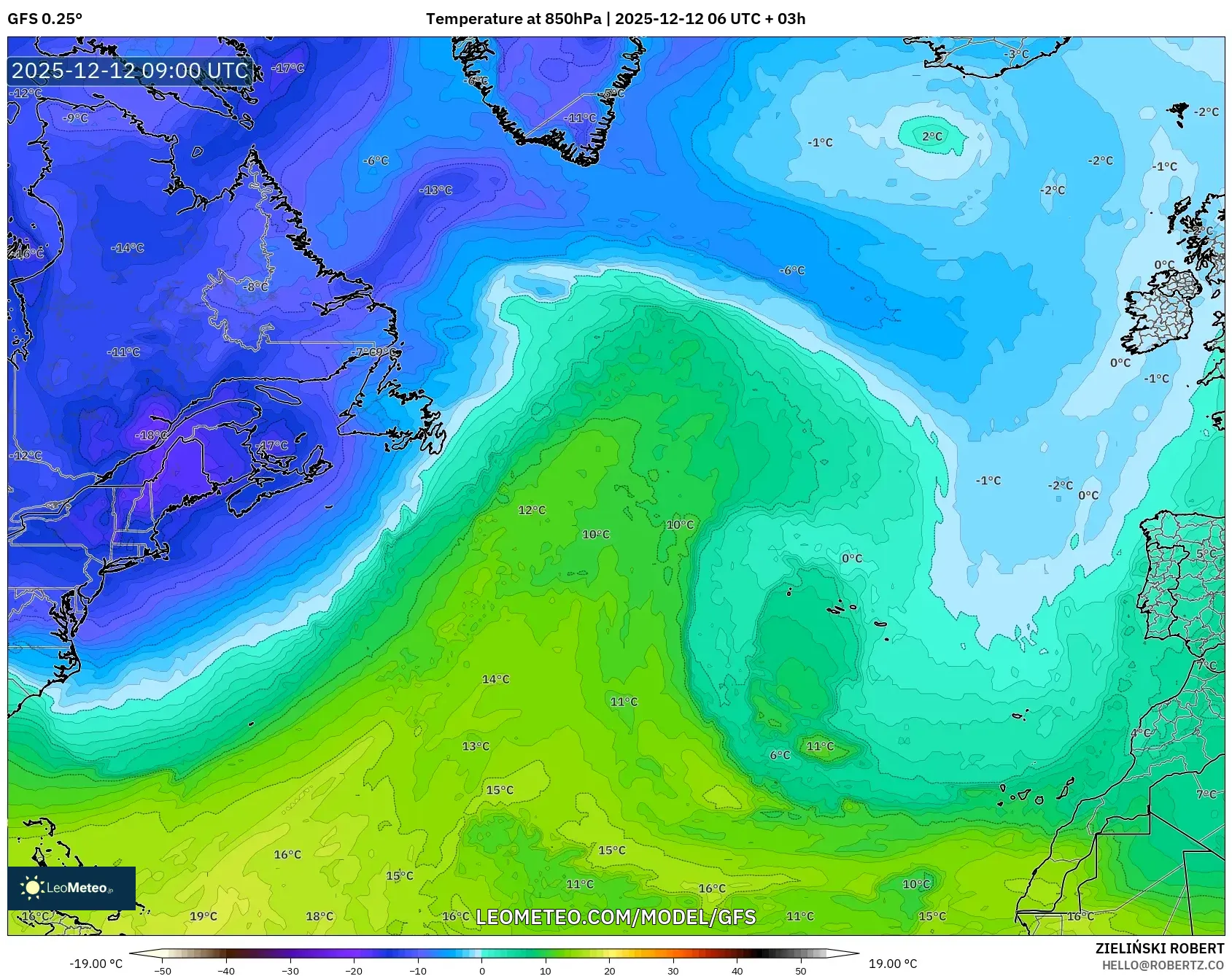 GFS model - Atlantik Utara, Suhu 850 hPa