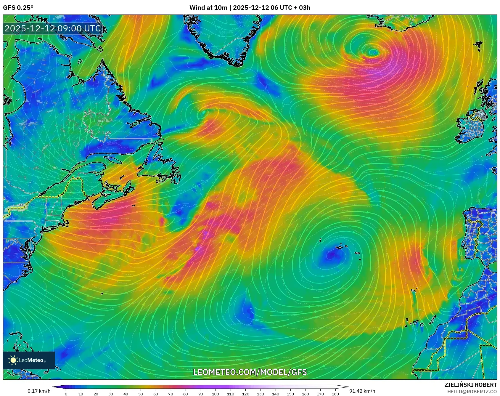 GFS model - Atlantik Utara, Angin 10 m