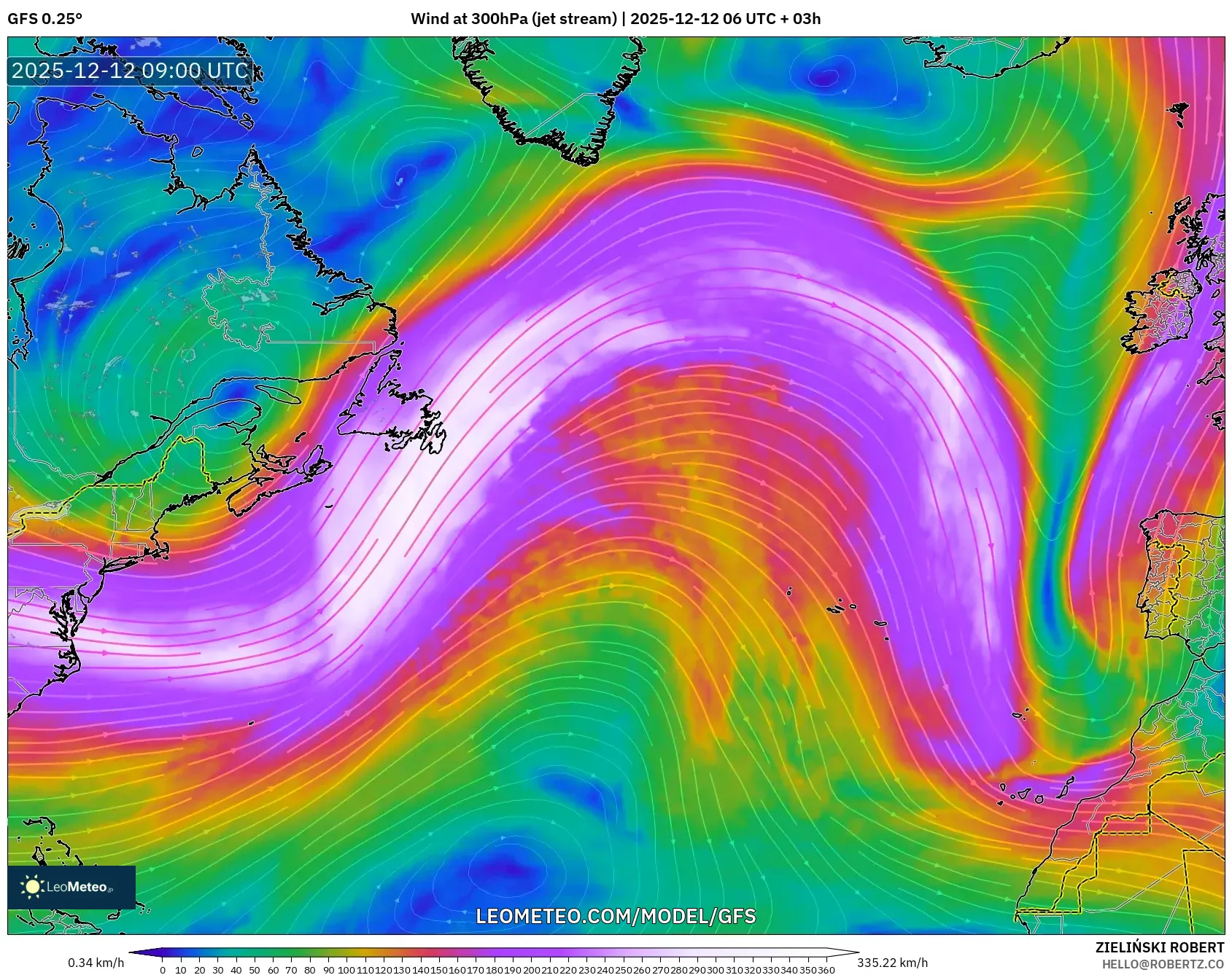 GFS model - Atlantik Utara, Angin 300 hPa (aliran jet)