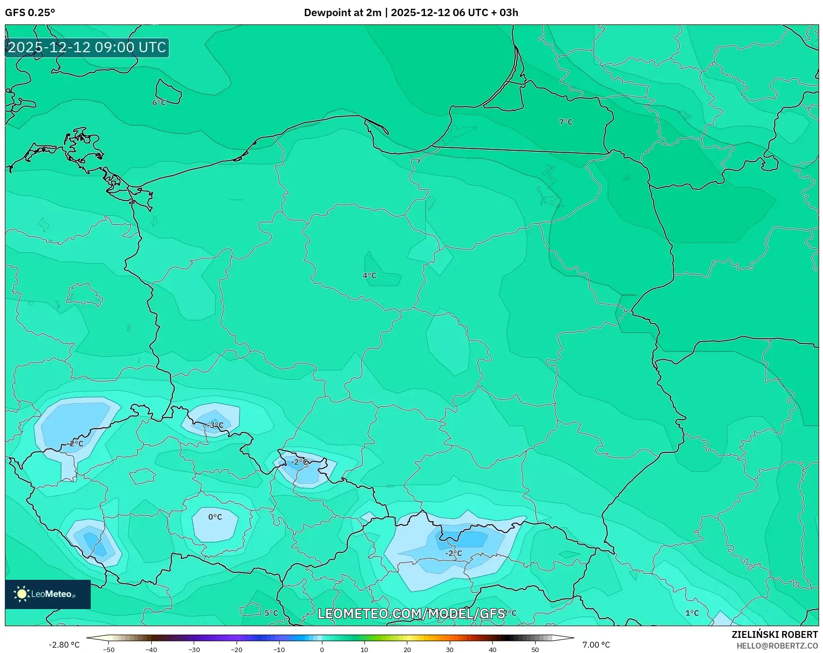 GFS model - Poland, Takat Embun 2 m