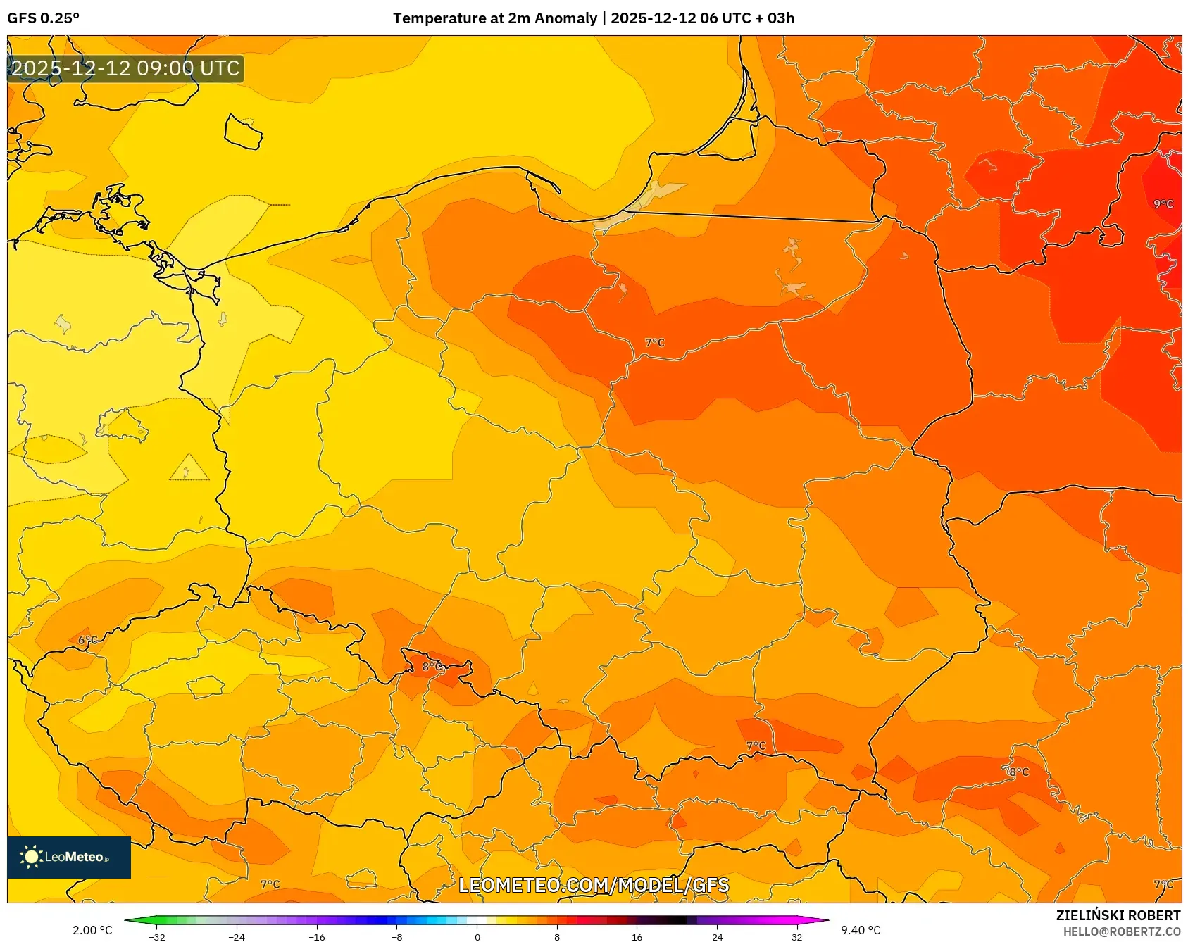 GFS model - Poland, Anomali Suhu 2 m