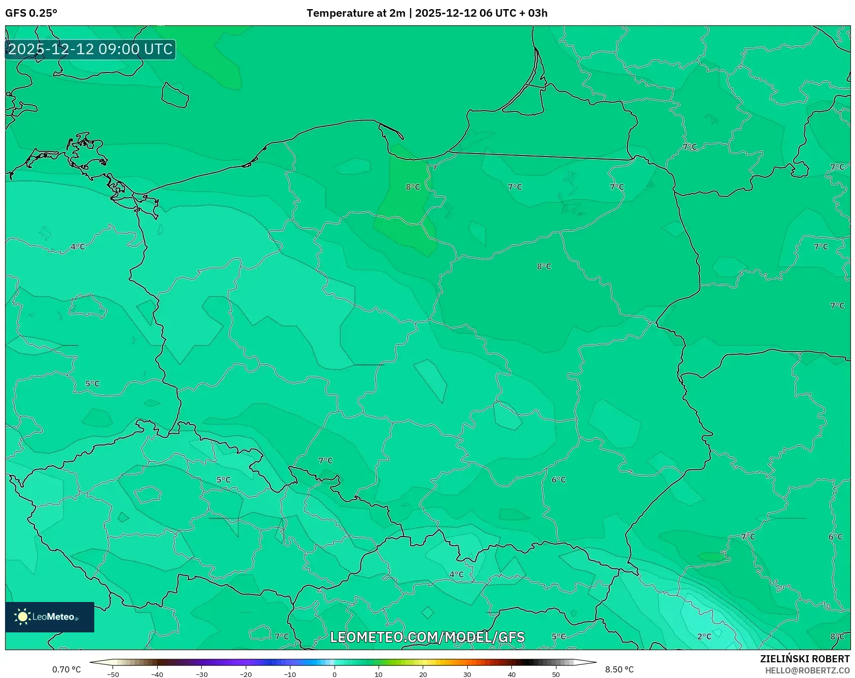 GFS model - Poland, Suhu pada 2 m