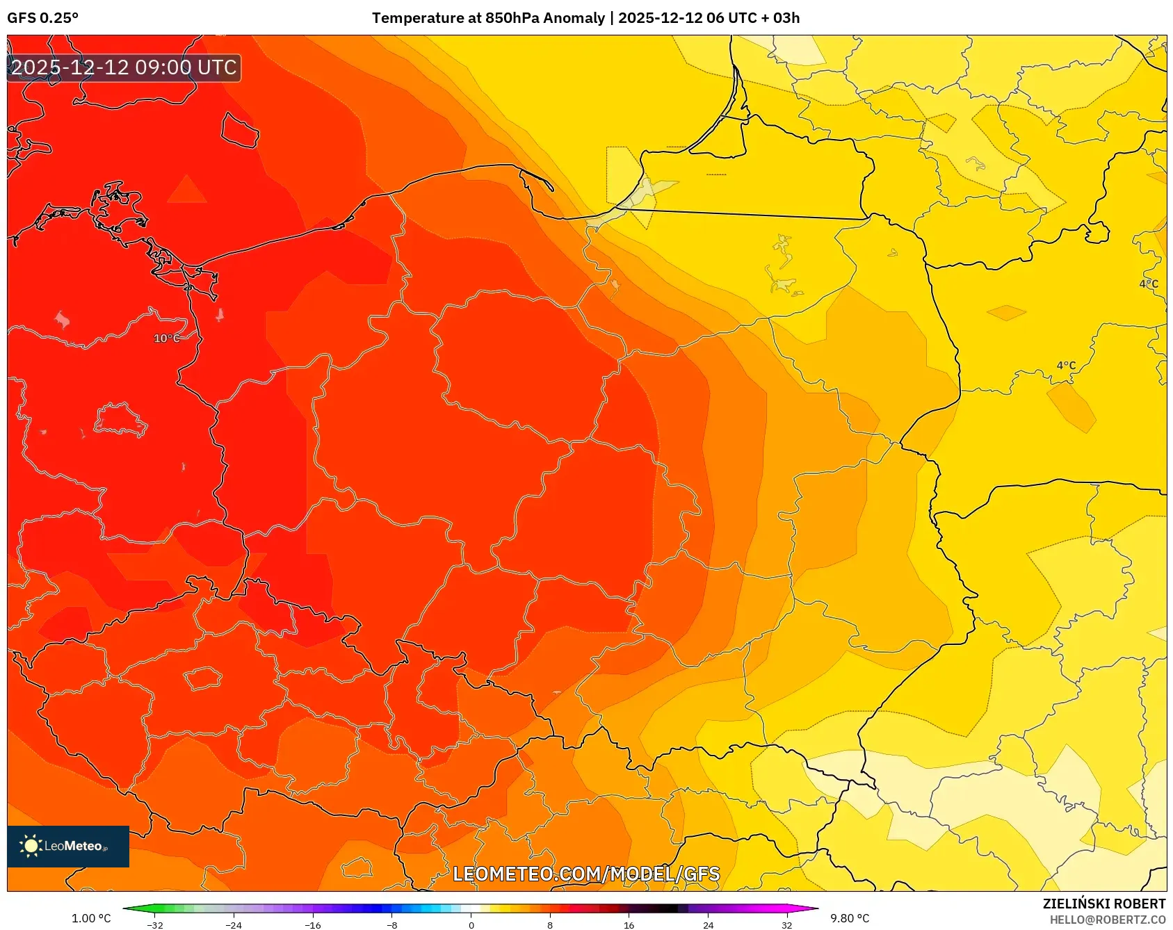 GFS model - Poland, Anomali Suhu 850 hPa