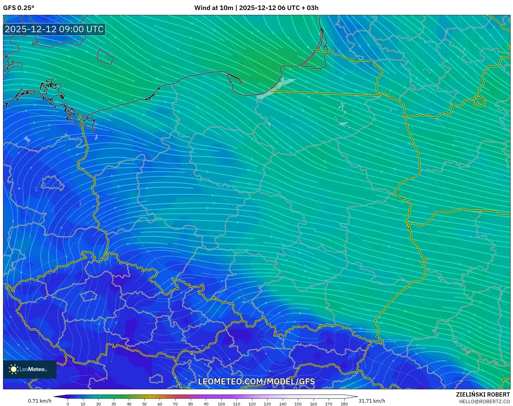 GFS model - Poland, Angin 10 m