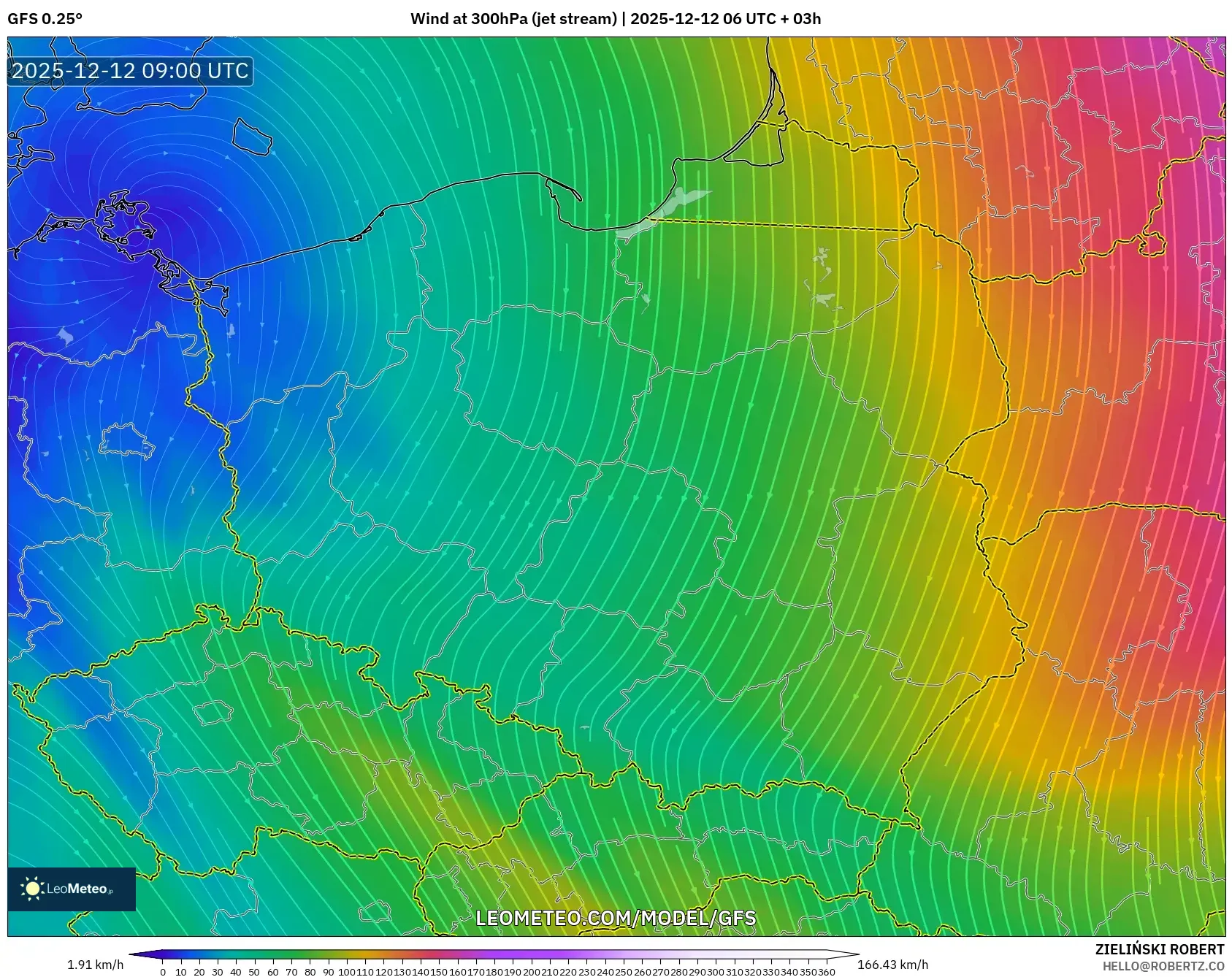 GFS model - Poland, Angin 300 hPa (aliran jet)