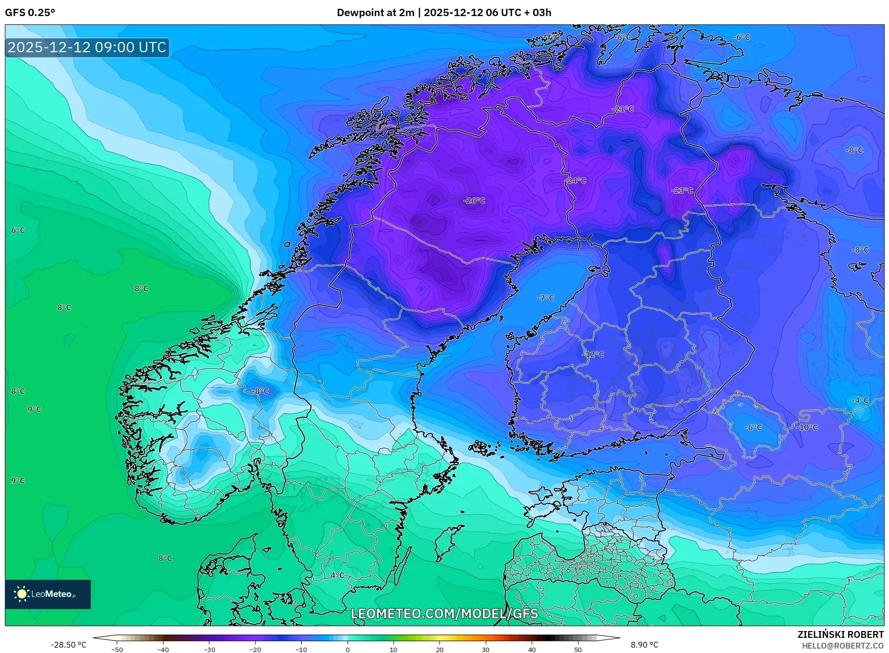 GFS model - Skandinavia, Takat Embun 2 m
