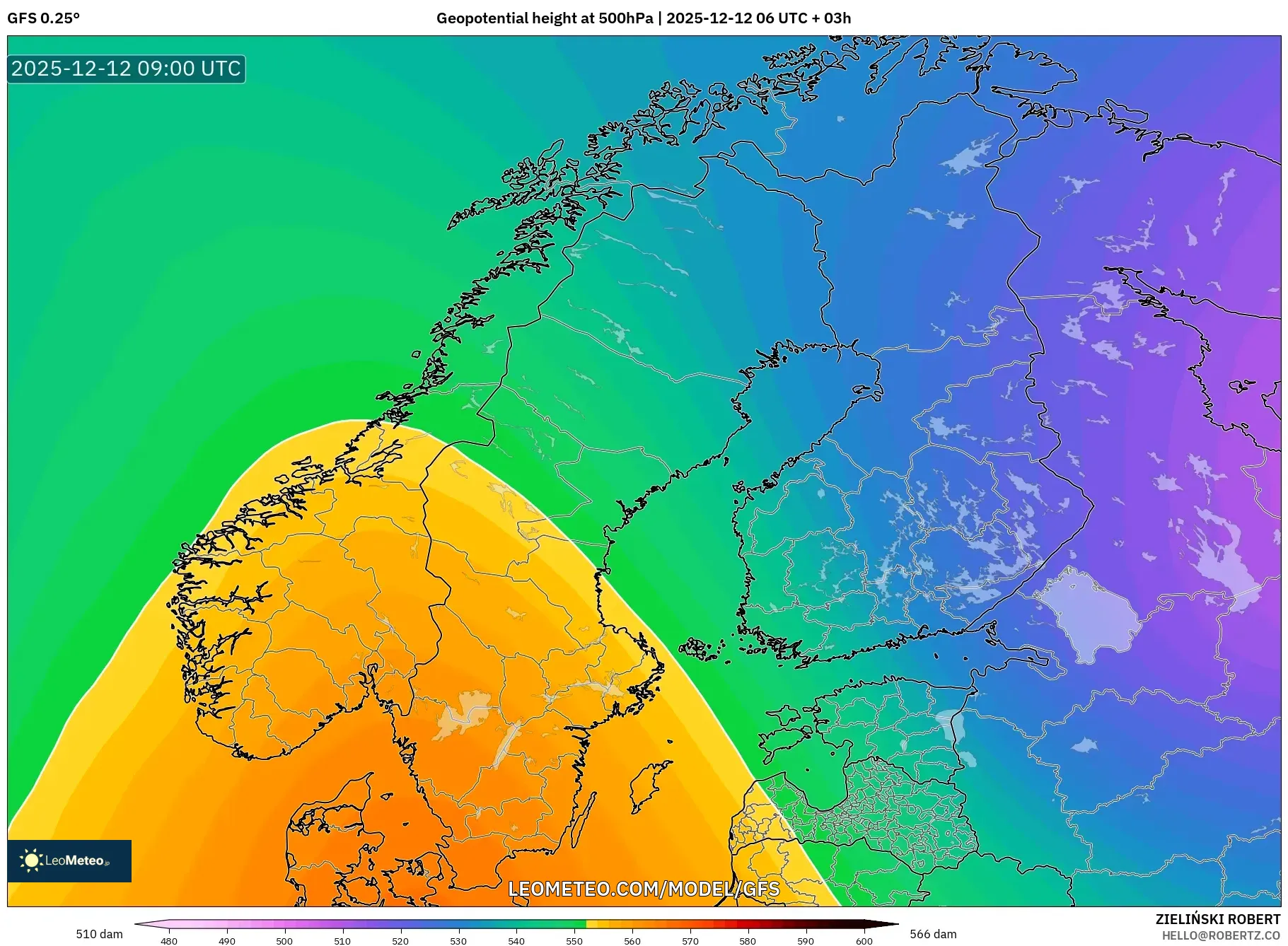 GFS model - Skandinavia, Ketinggian geopotensial pada 500 hPa