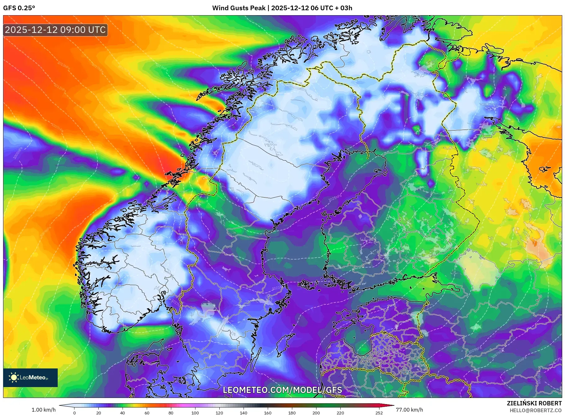 GFS model - Skandinavia, Hembusan Tertinggi