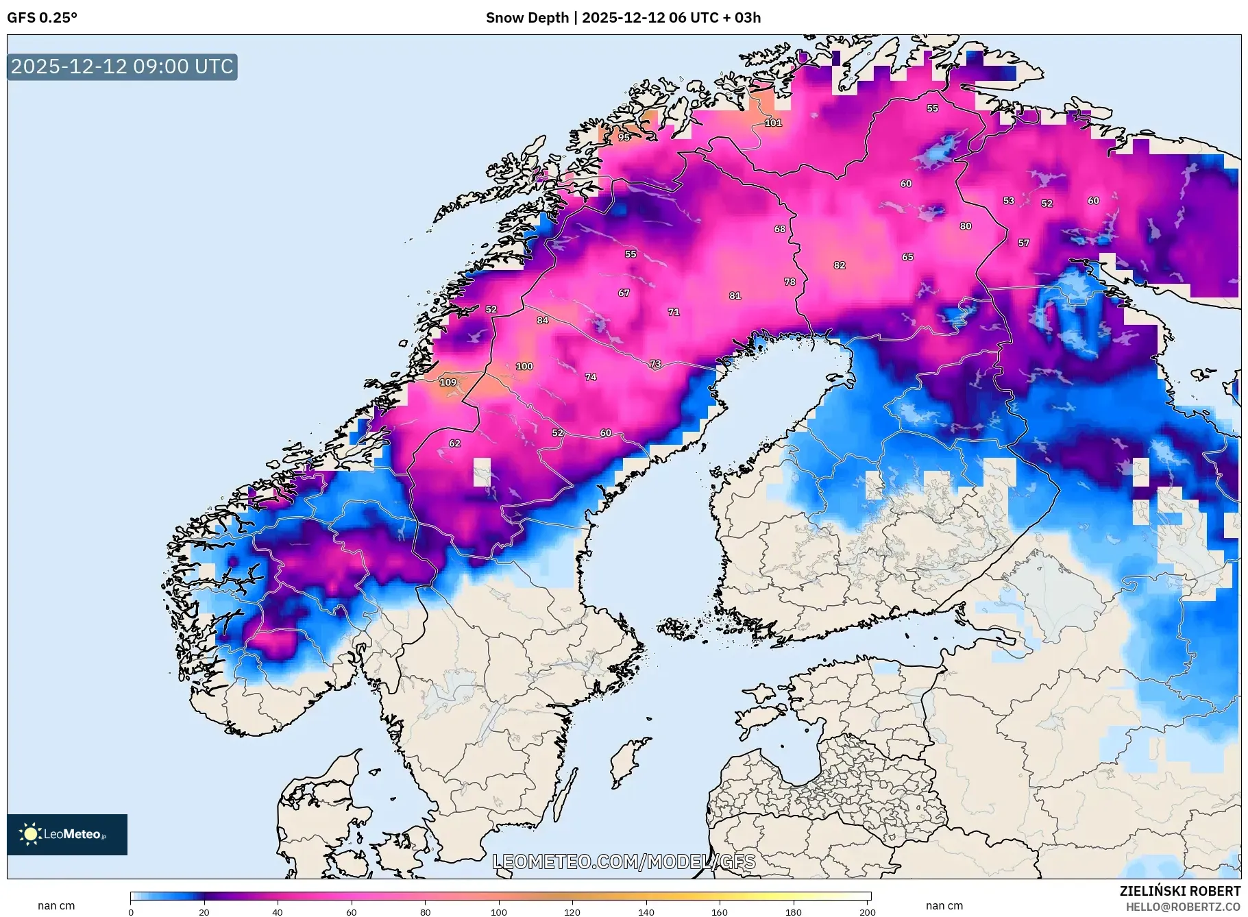 GFS model - Skandinavia, Ketebalan Salji