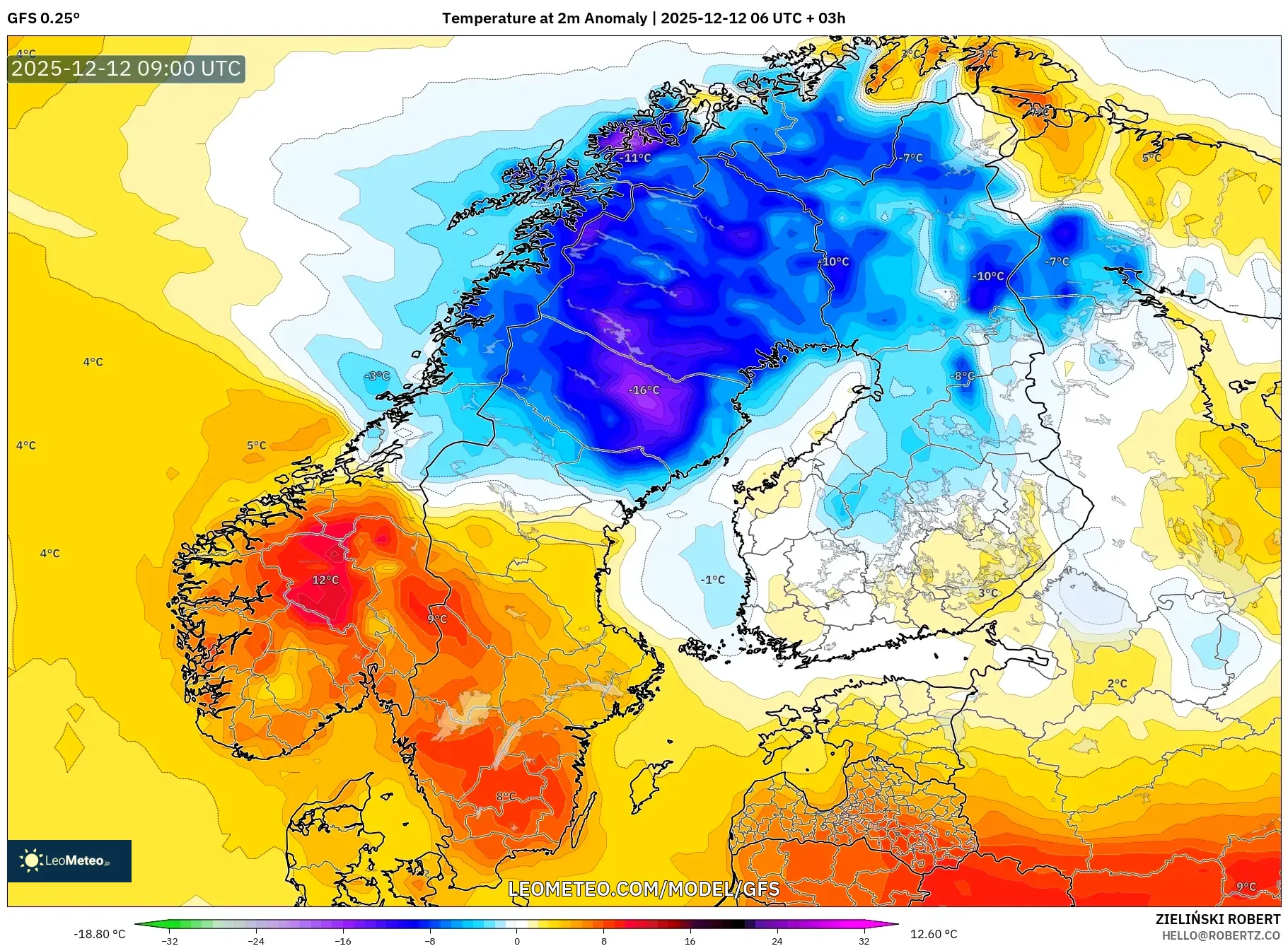 GFS model - Skandinavia, Anomali Suhu 2 m