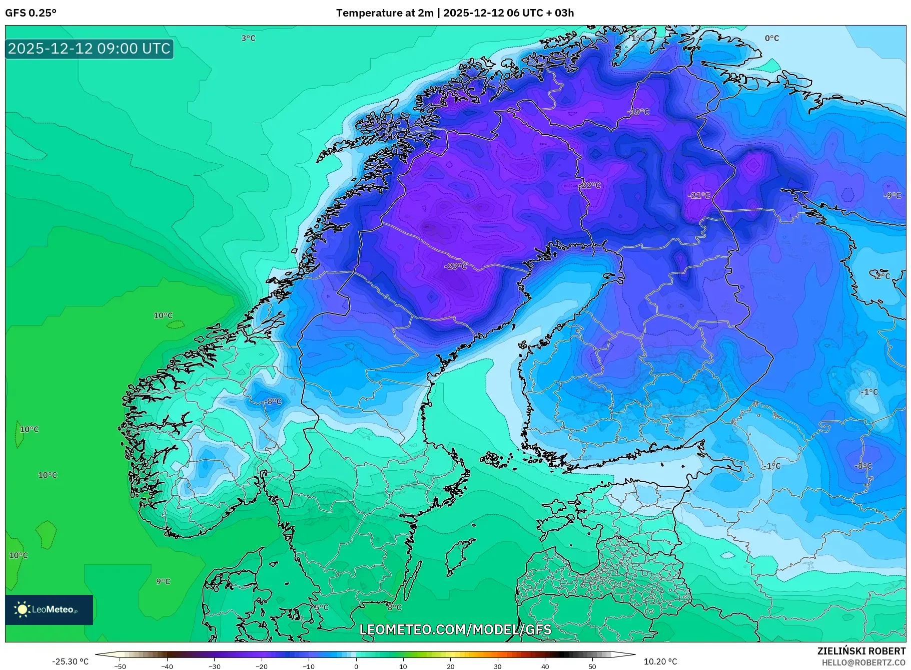 GFS model - Skandinavia, Suhu pada 2 m