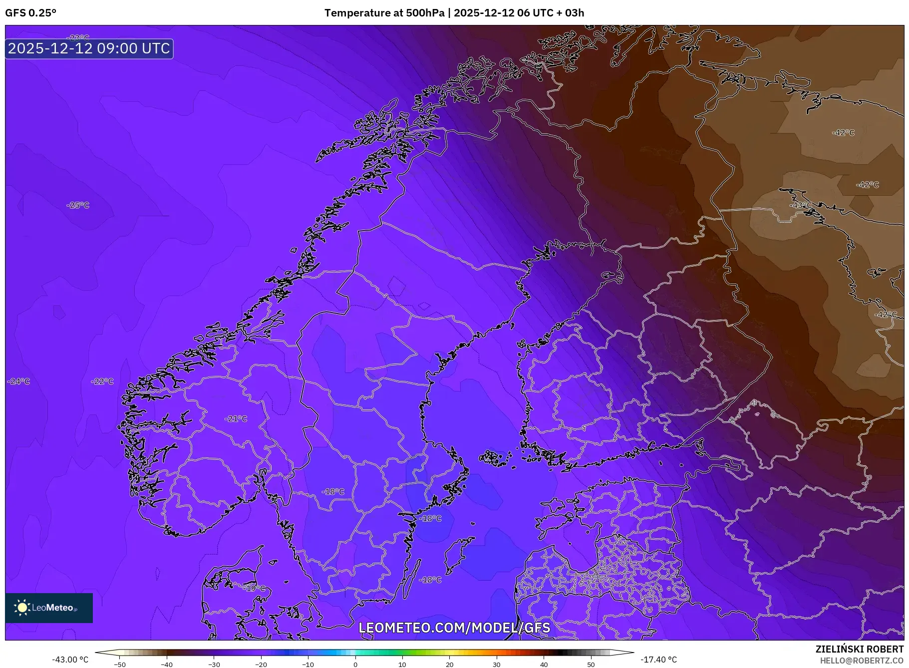 GFS model - Skandinavia, Suhu 500 hPa