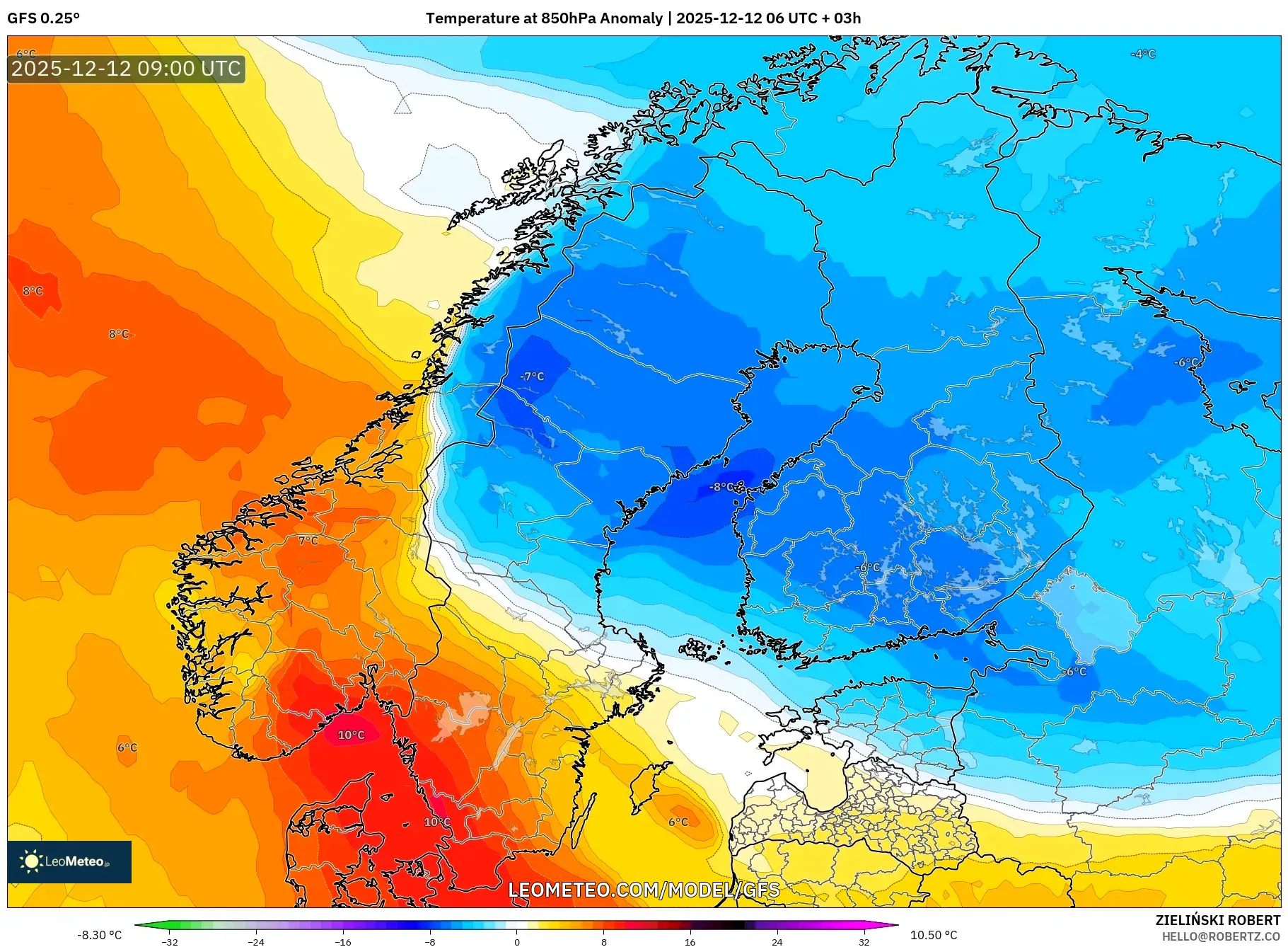 GFS model - Skandinavia, Anomali Suhu 850 hPa