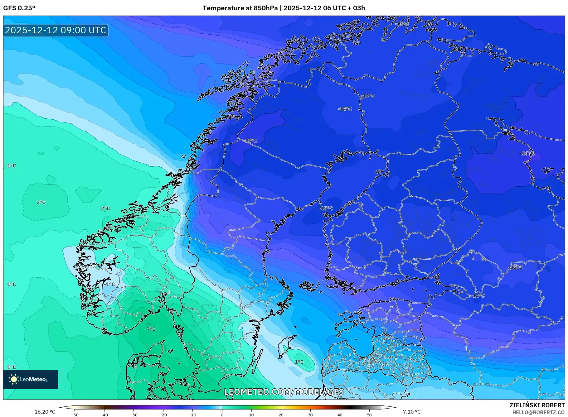 GFS model - Skandinavia, Suhu 850 hPa