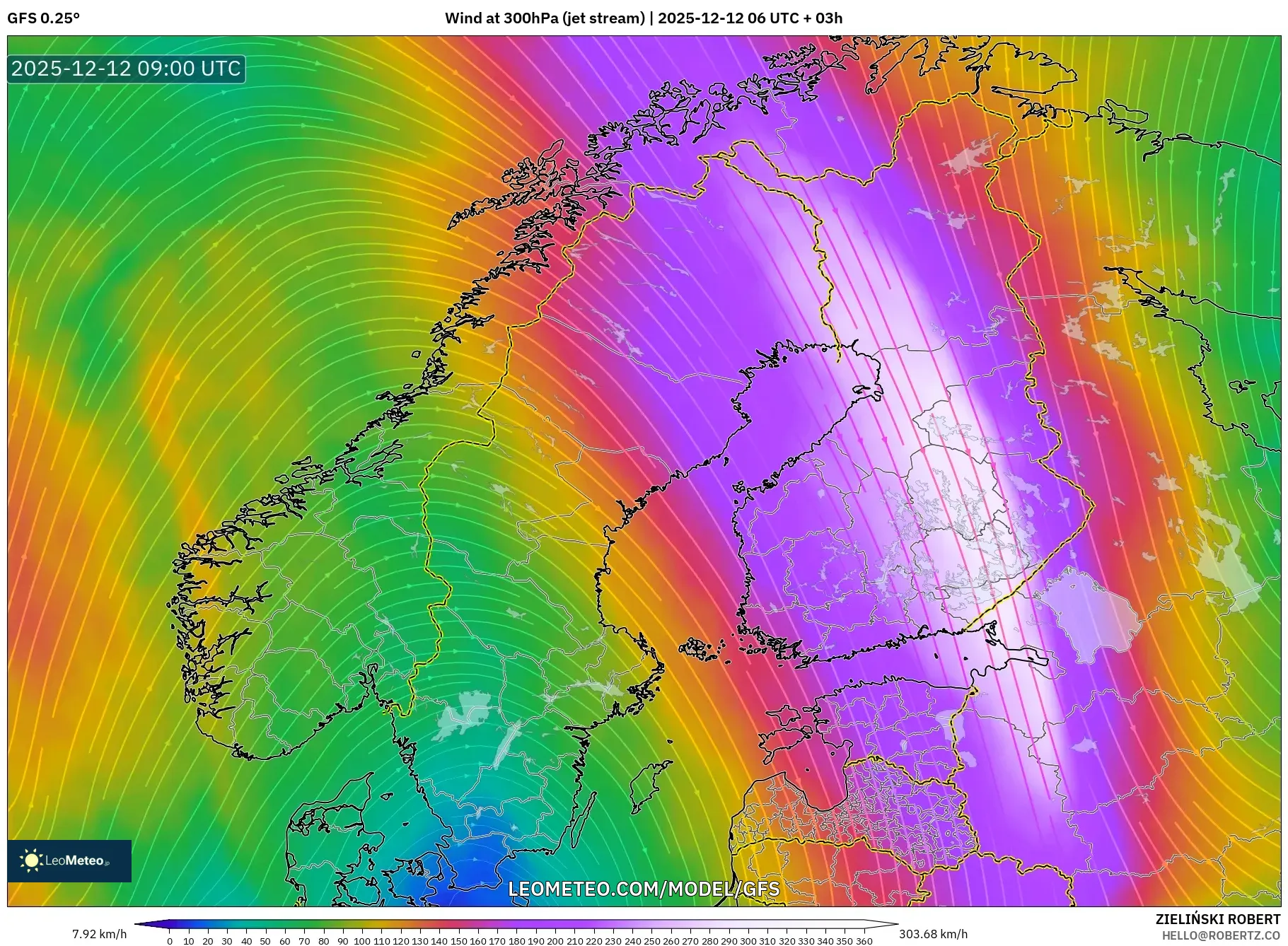 GFS model - Skandinavia, Angin 300 hPa (aliran jet)