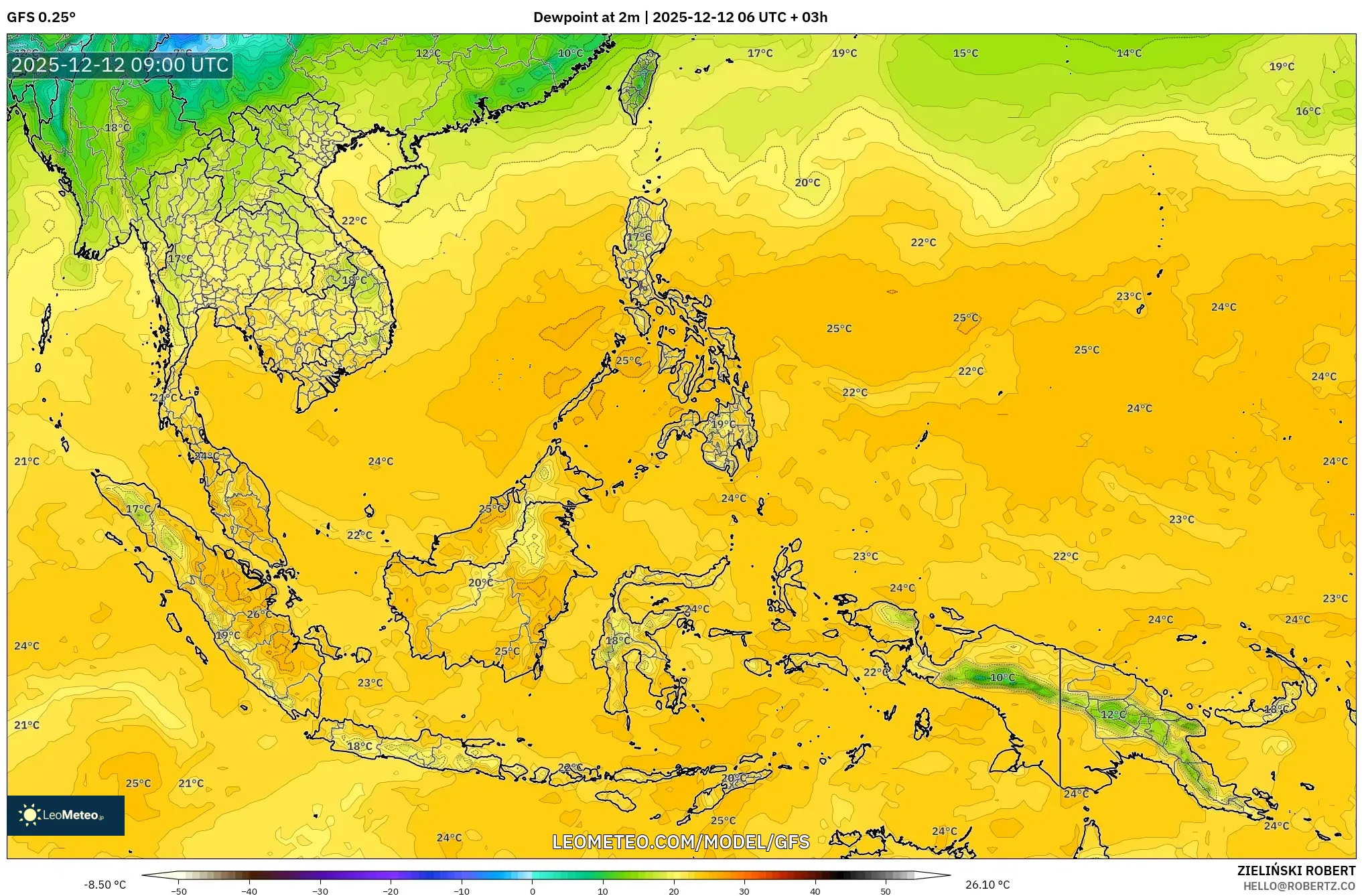 GFS model - Asia Tenggara, Takat Embun 2 m