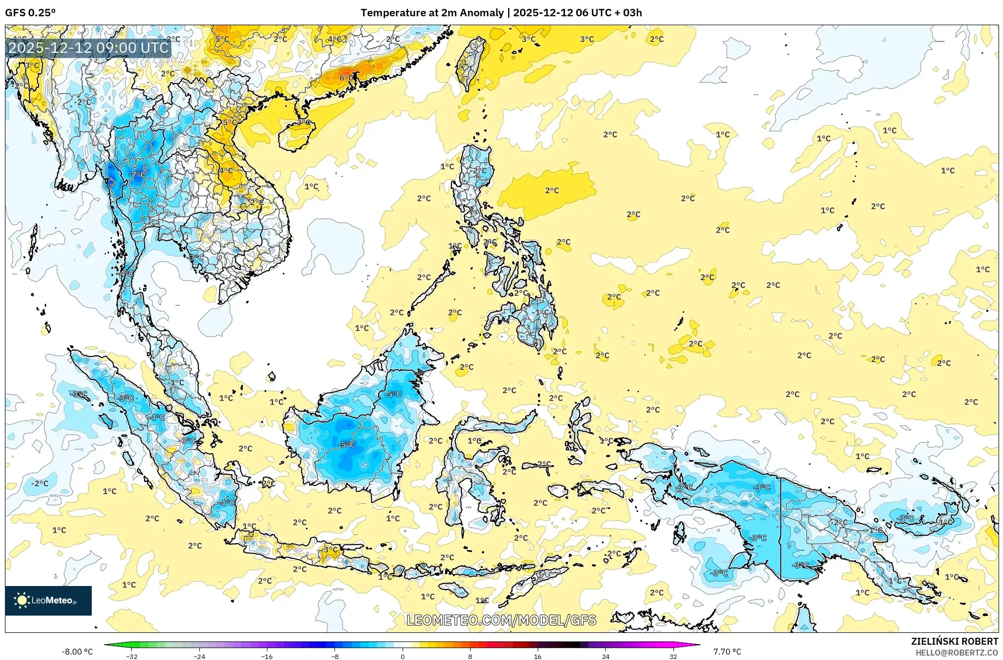 GFS model - Asia Tenggara, Anomali Suhu 2 m