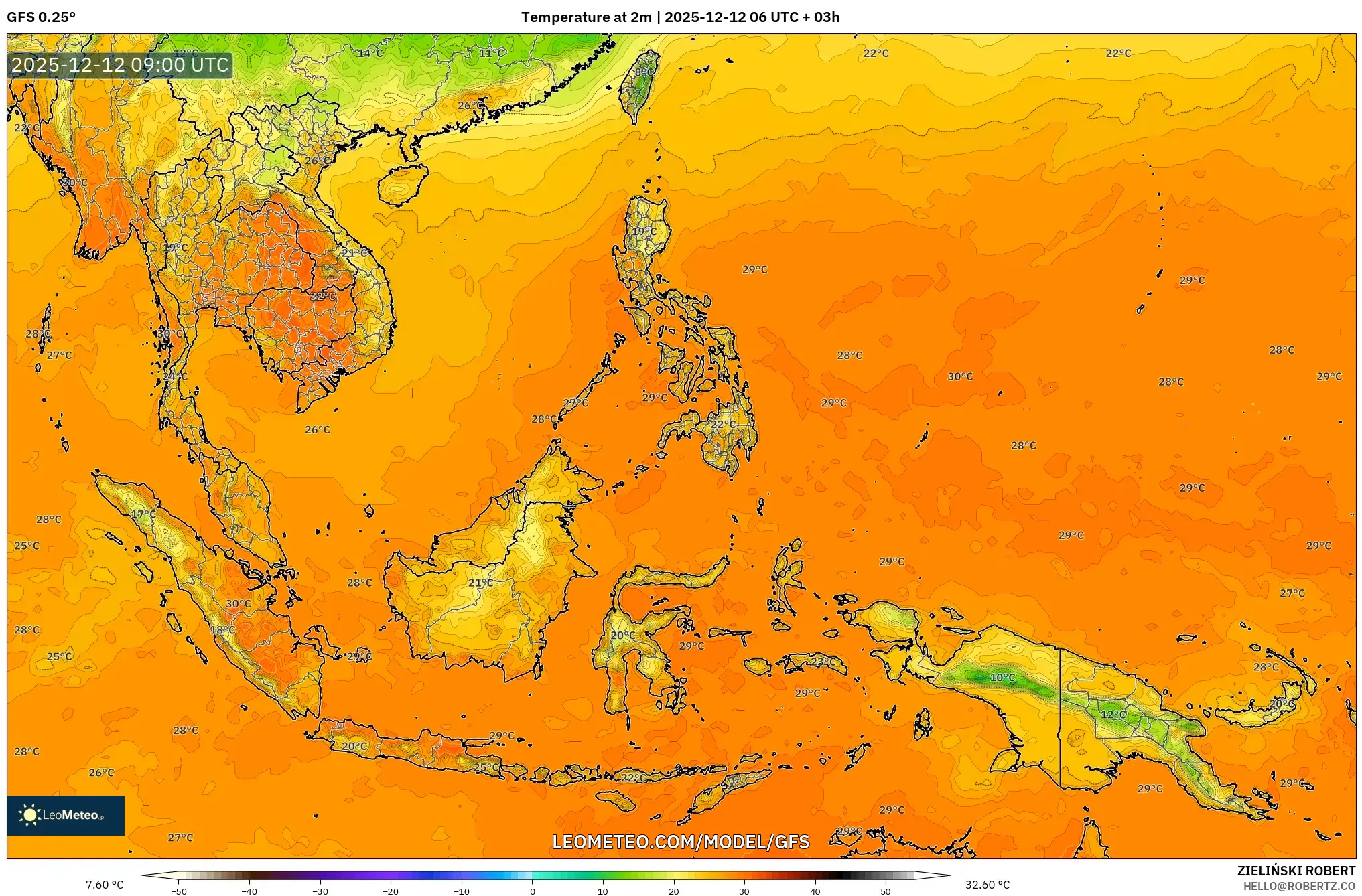 GFS model - Asia Tenggara, Suhu pada 2 m