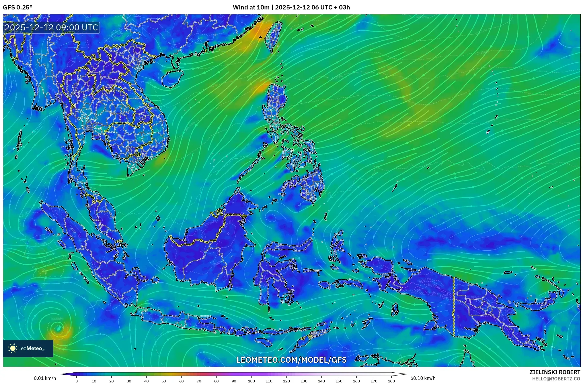 GFS model - Asia Tenggara, Angin 10 m