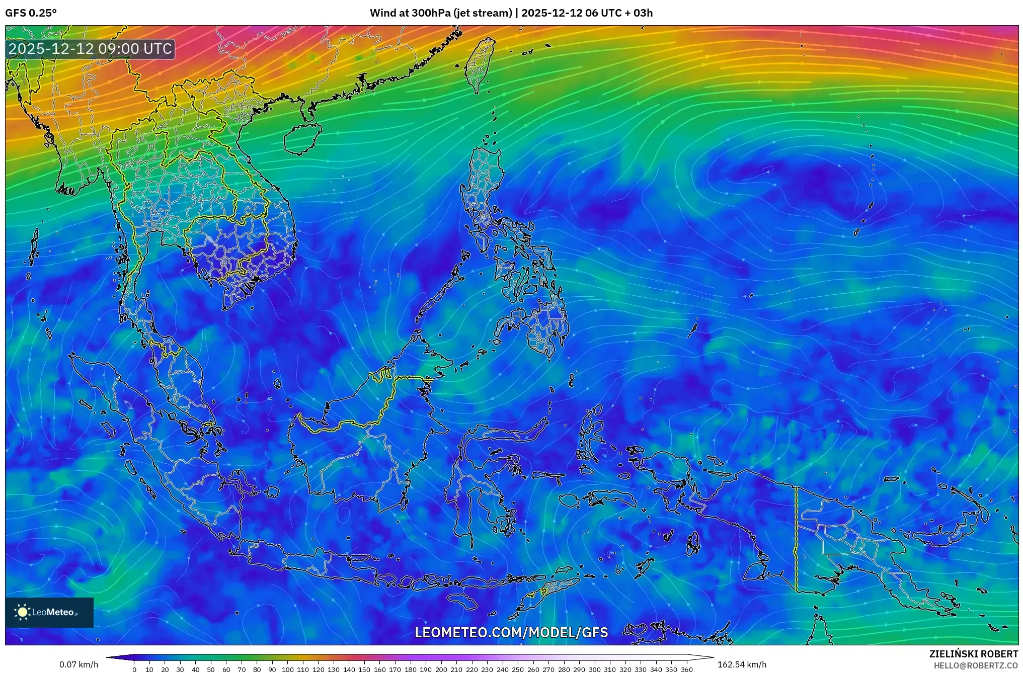 GFS model - Asia Tenggara, Angin 300 hPa (aliran jet)