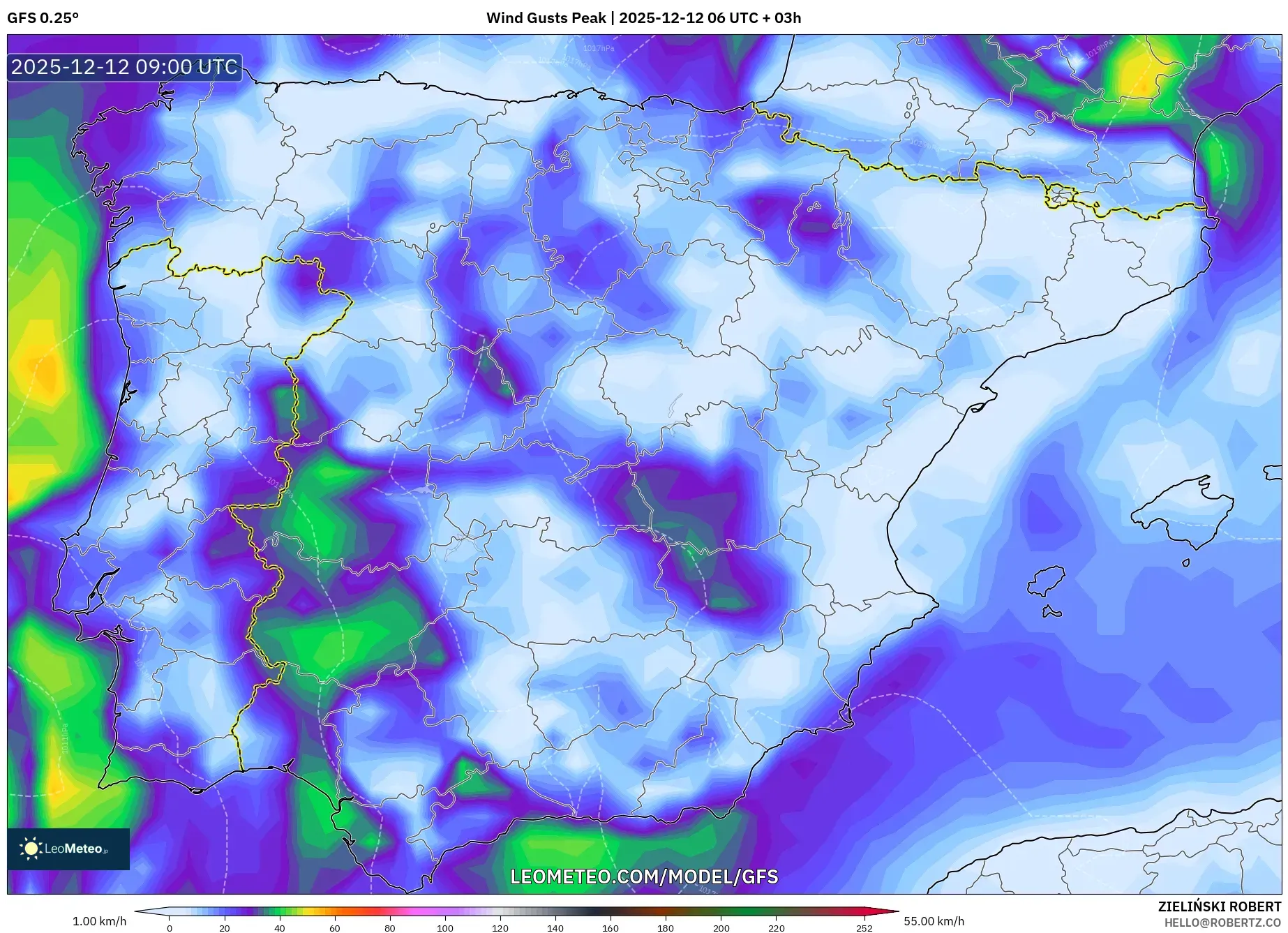GFS model - Sepanyol, Hembusan Tertinggi