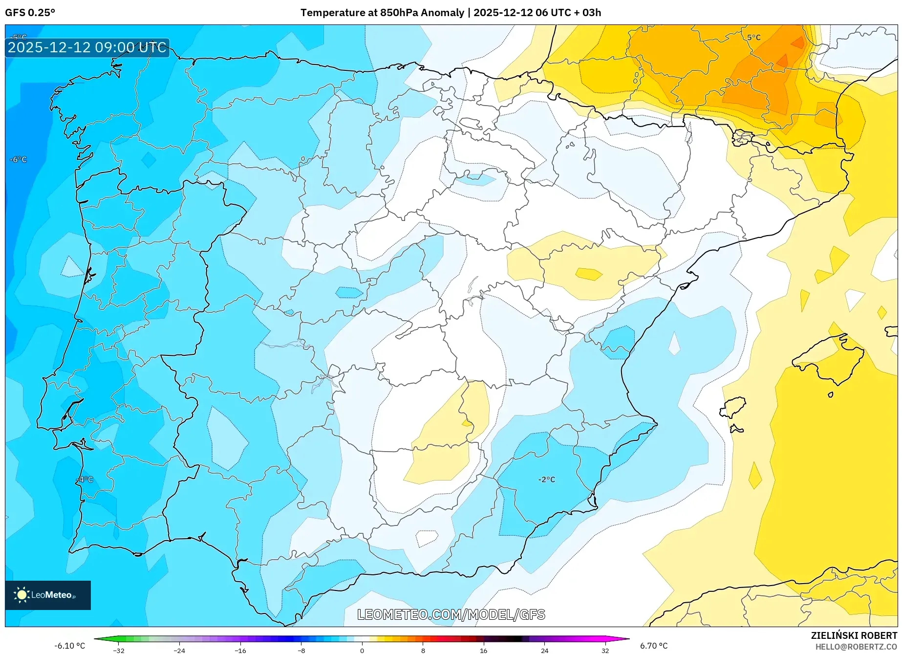 GFS model - Sepanyol, Anomali Suhu 850 hPa