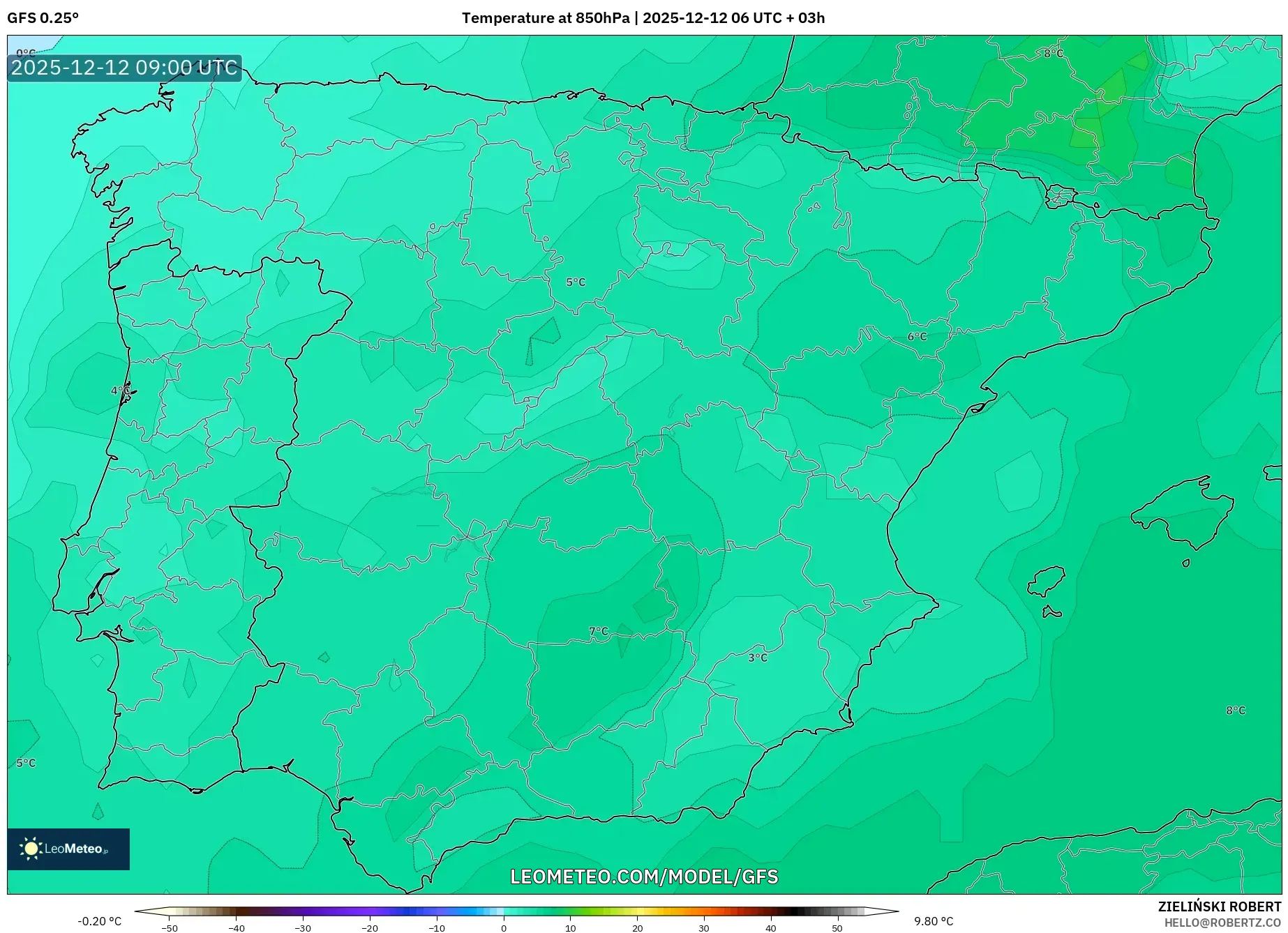 GFS model - Sepanyol, Suhu 850 hPa