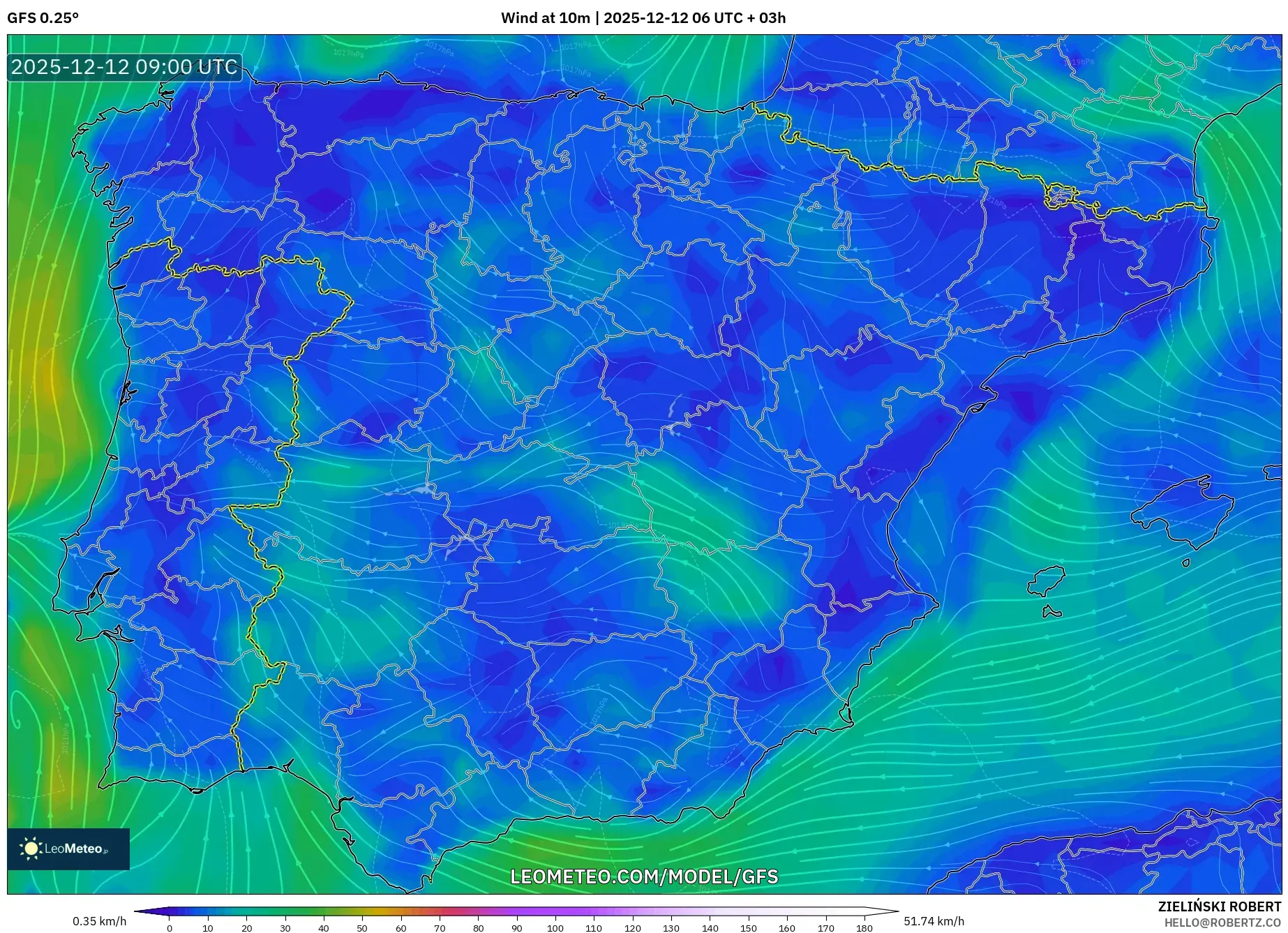 GFS model - Sepanyol, Angin 10 m