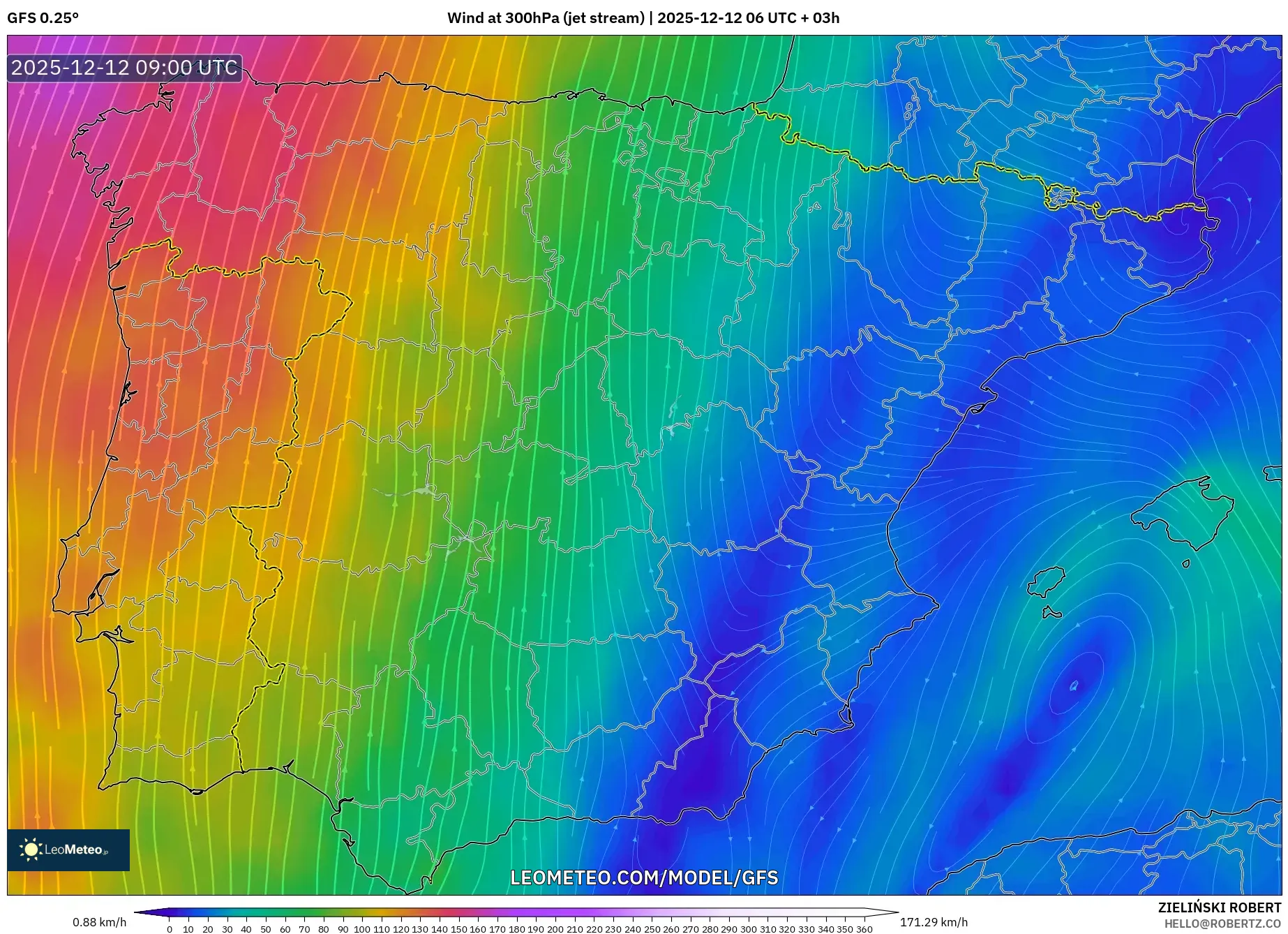 GFS model - Sepanyol, Angin 300 hPa (aliran jet)