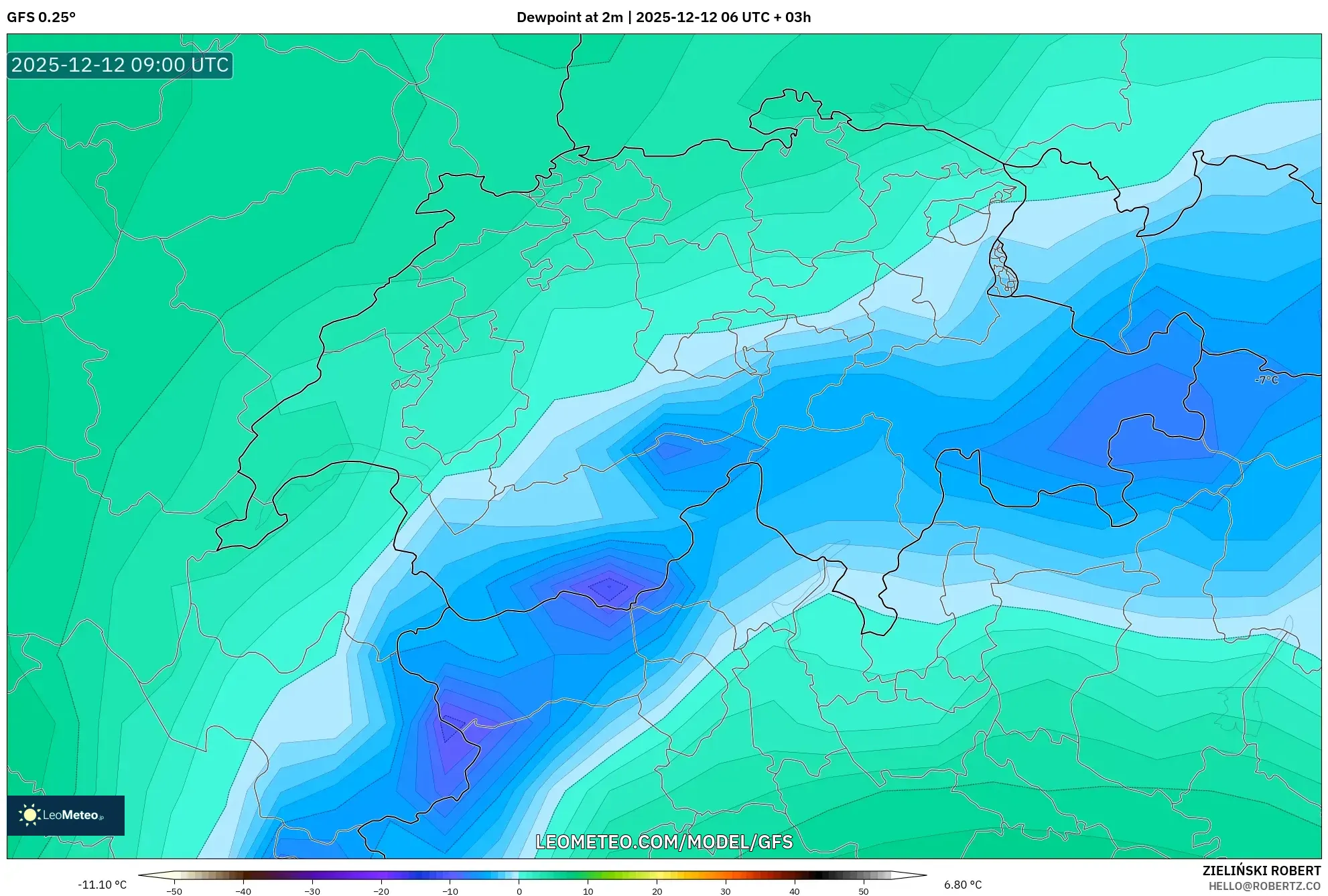GFS model - Switzerland, Takat Embun 2 m