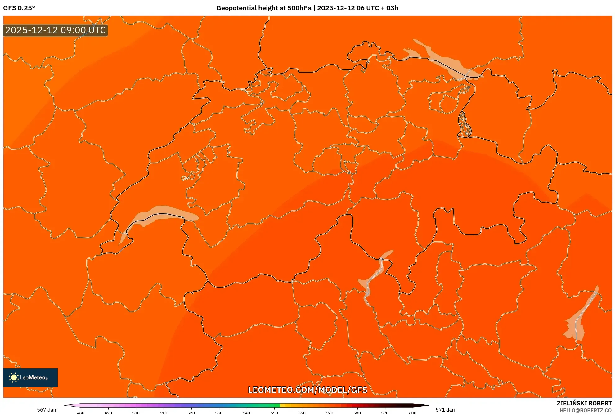 GFS model - Switzerland, Ketinggian geopotensial pada 500 hPa