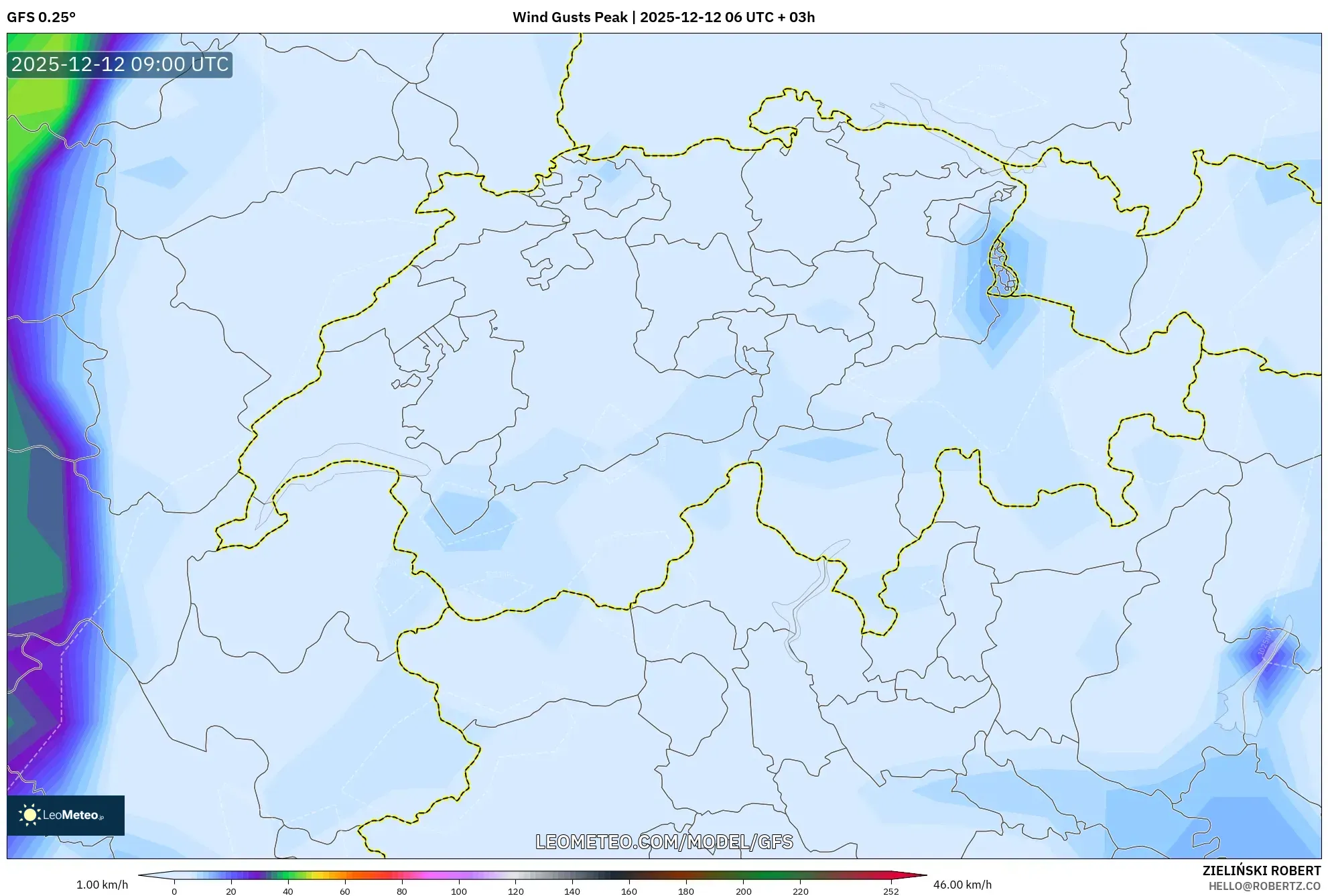 GFS model - Switzerland, Hembusan Tertinggi