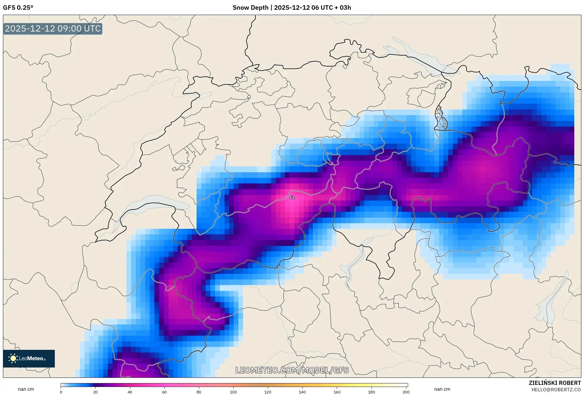 GFS model - Switzerland, Ketebalan Salji