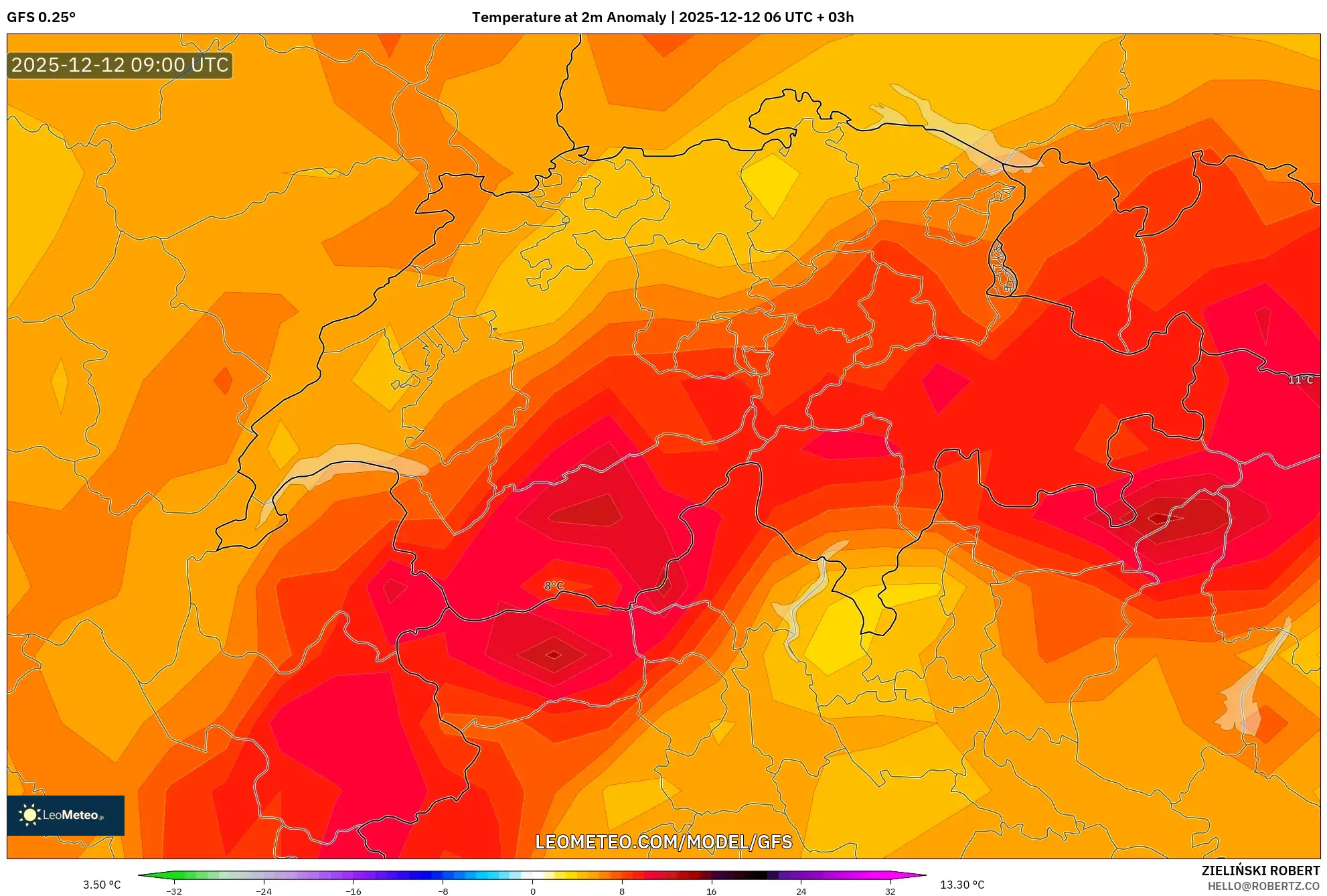 GFS model - Switzerland, Anomali Suhu 2 m