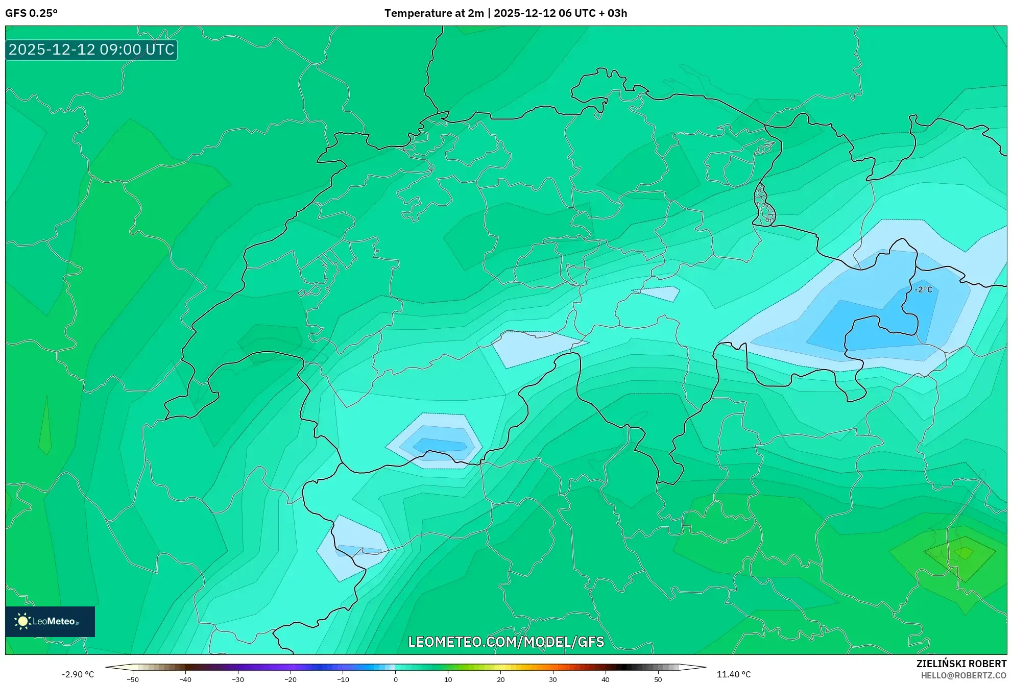 GFS model - Switzerland, Suhu pada 2 m
