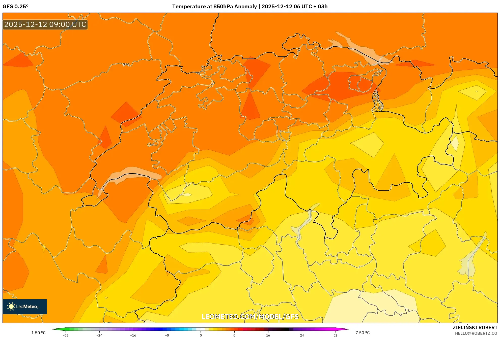 GFS model - Switzerland, Anomali Suhu 850 hPa