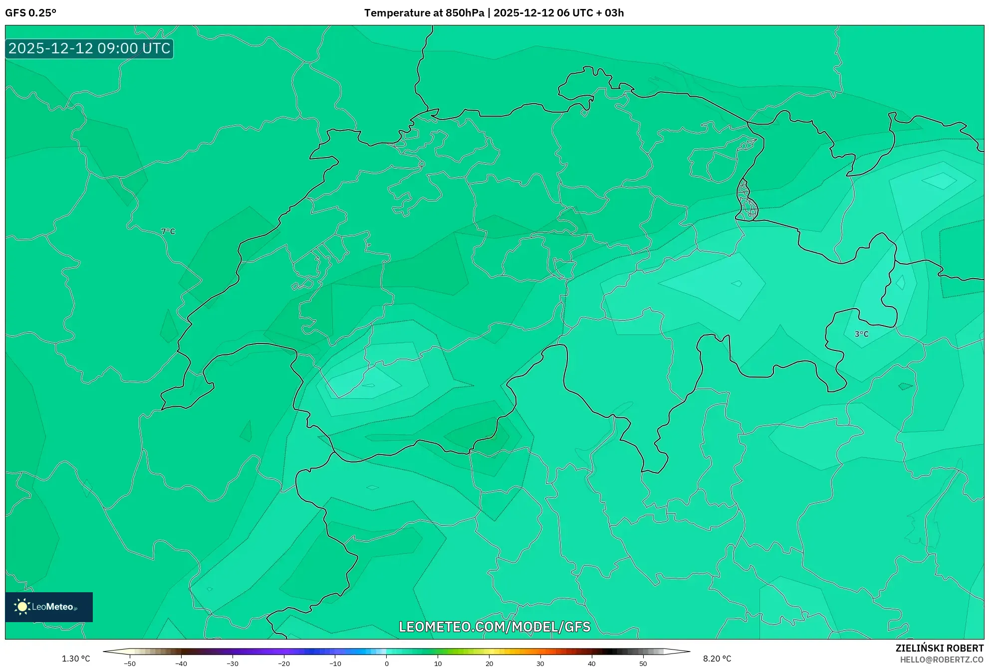 GFS model - Switzerland, Suhu 850 hPa