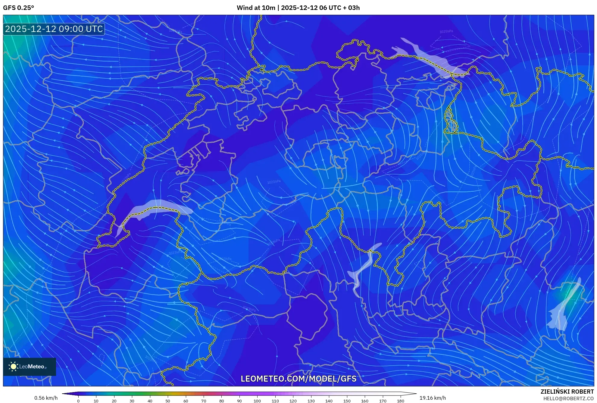 GFS model - Switzerland, Angin 10 m